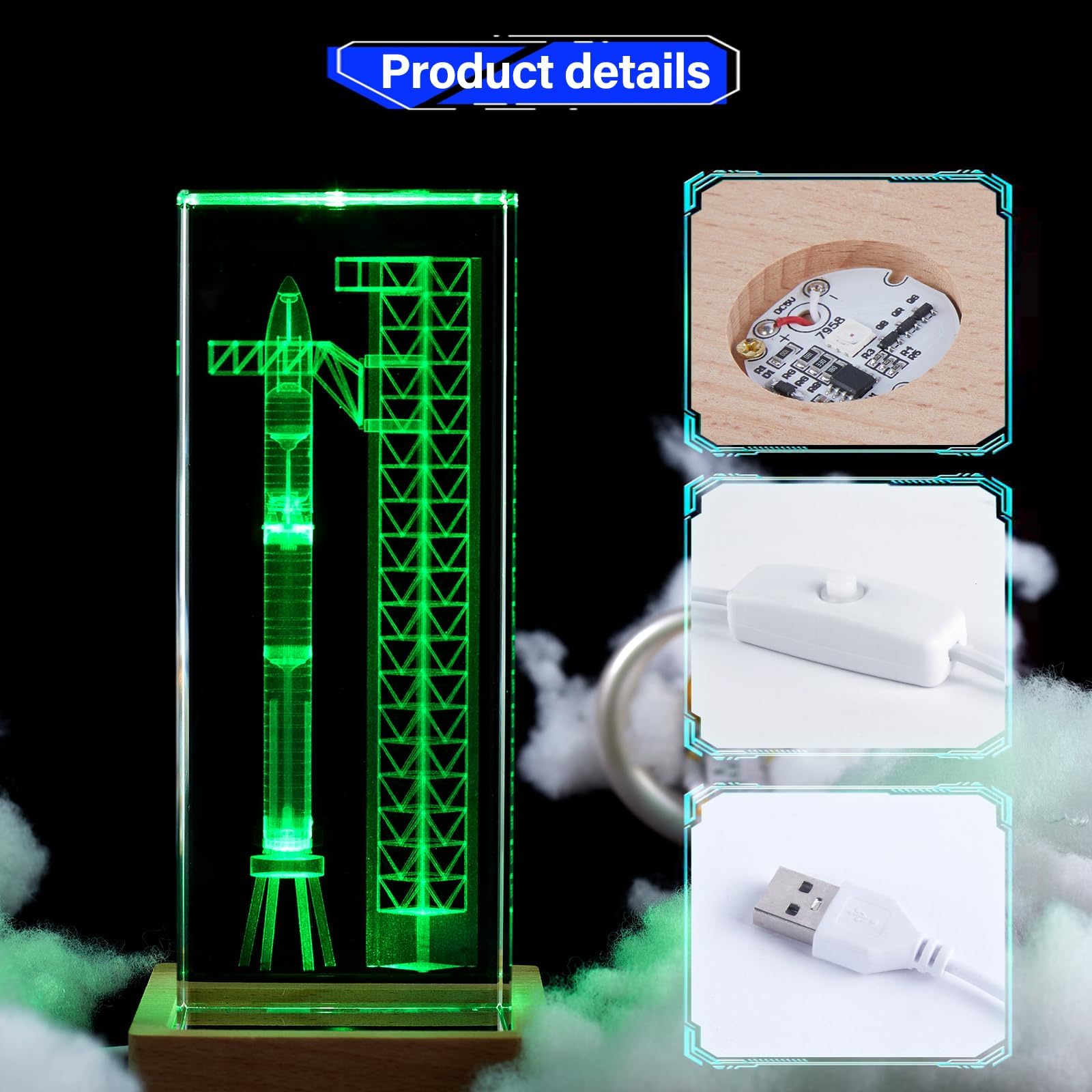 SpaceX Starship Collector's Crystal Lamp, 3D Laser-Etched Rocket