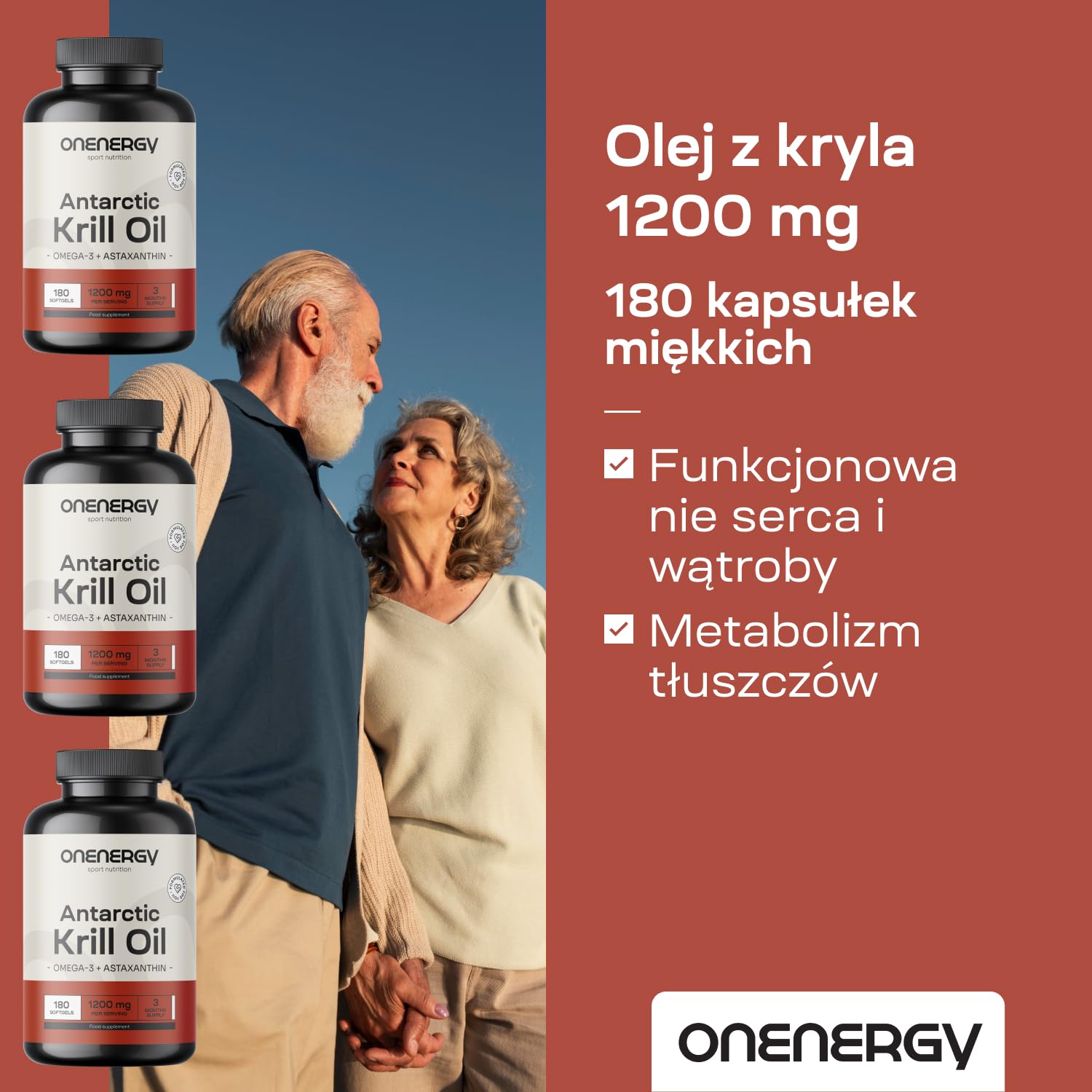 Olej z kryla 1200 mg - Omega-3, cholina i astaksantyna - 180 kapsułek - Olej z kryla antarktycznego - Funkcjonowanie serca i wątroby - Wspomaganie metabolizmu tłuszczów - Bez glutenu i laktoz