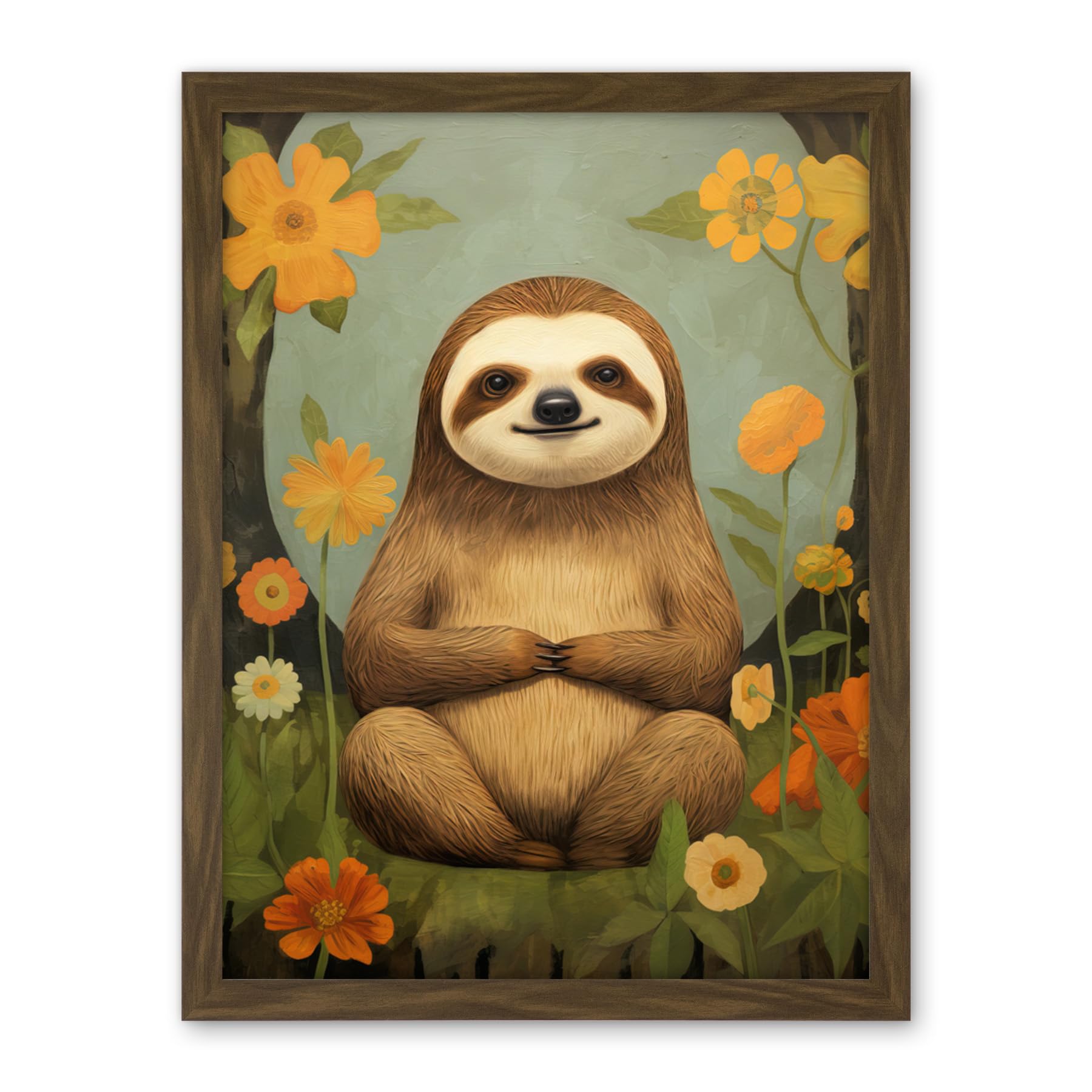 Artery8 Smiling Sloth Meditating in Forest Flowers Kids Bedroom Artwork Framed Wall Art Print 18X24 Inch