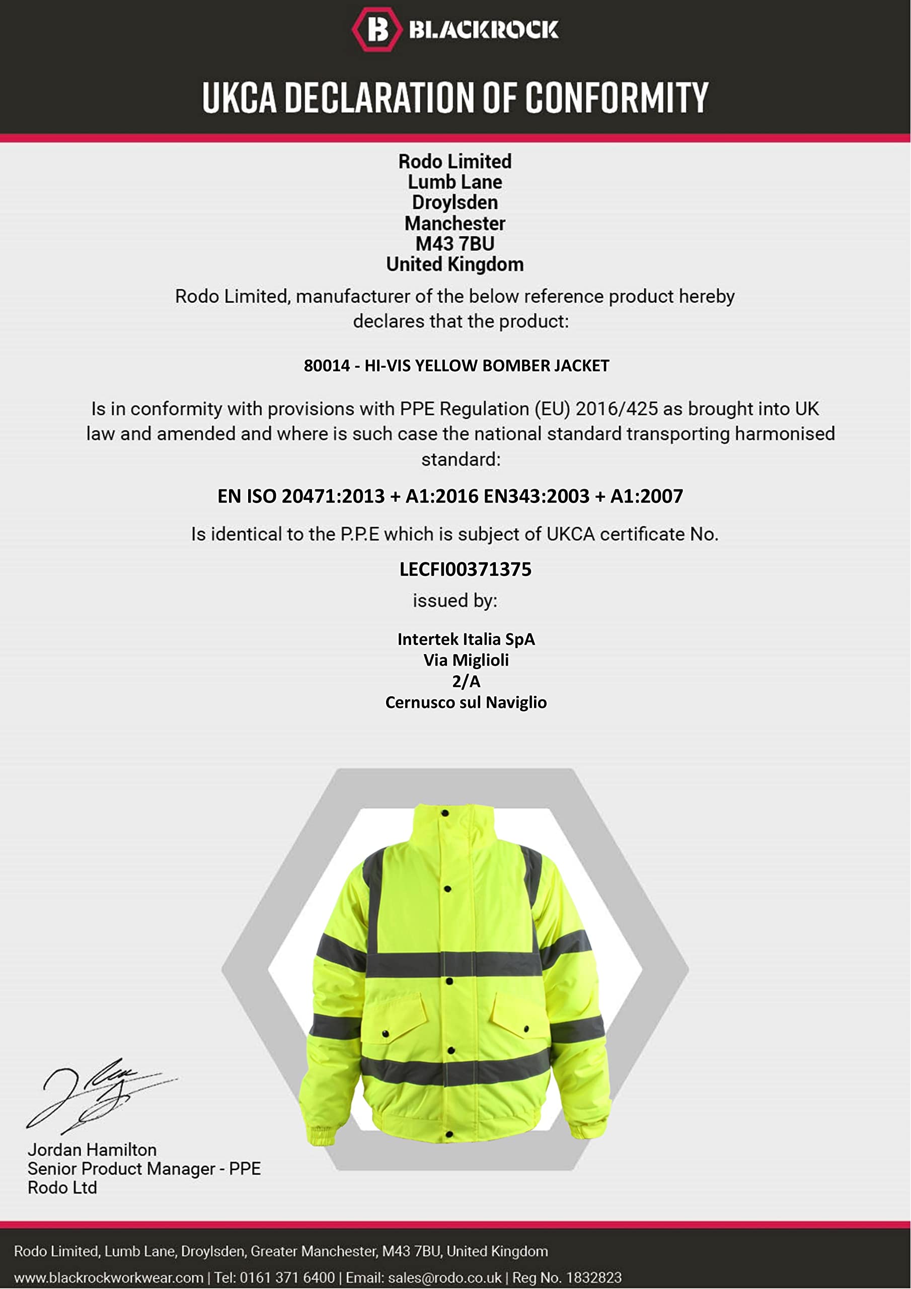 Blackrock Herren Hi-vis Bomber Baratec Bomberjacke für Herren, hohe Sichtbarkeit, Gelb, Größe 5XL (1er Pack)