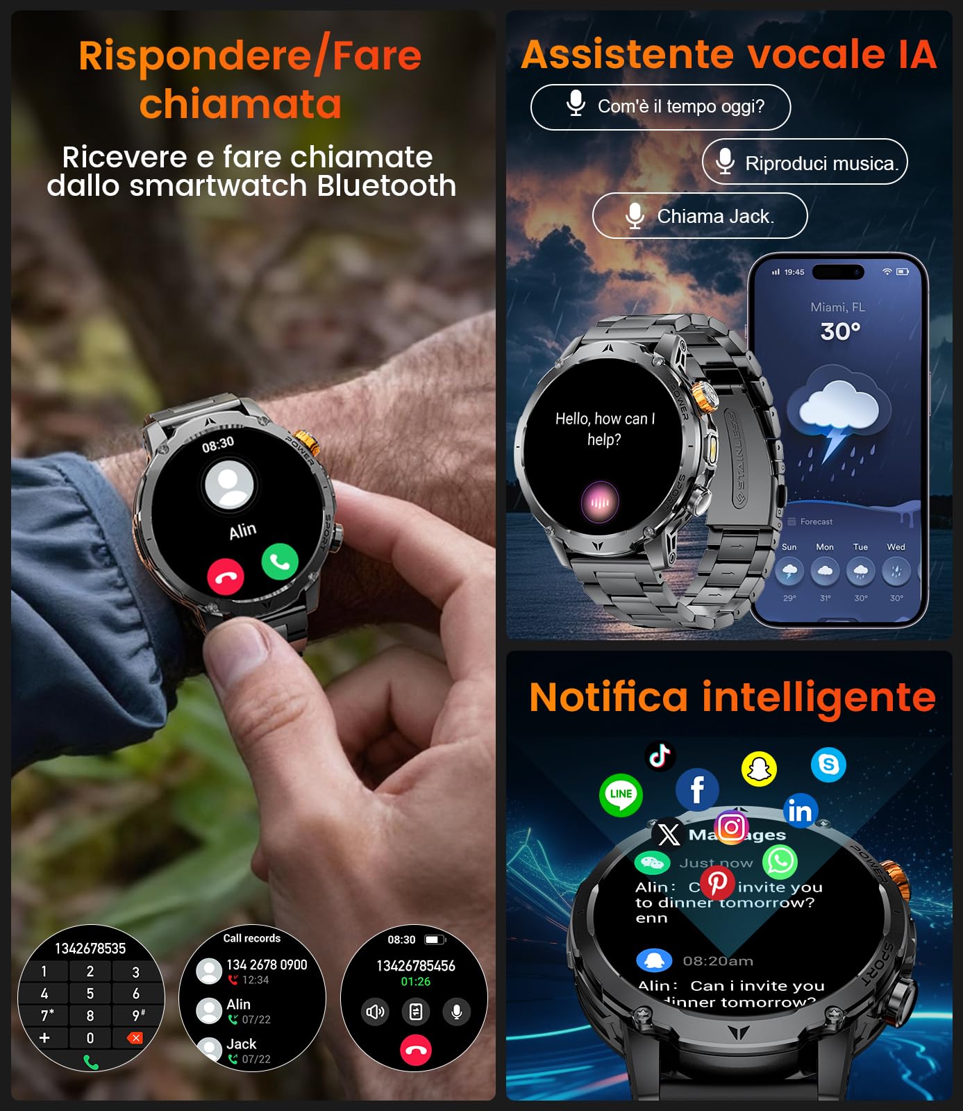 1000 mAh Smartwatch Uomo,1.7" Smart Watch Militare con 110+ Modalità Sportive,IP68 Impermeabile,Chiamata Bluetooth,Frequenza Cardiaca, Android iOS,3 Braccialetti,2 Caricabatterie