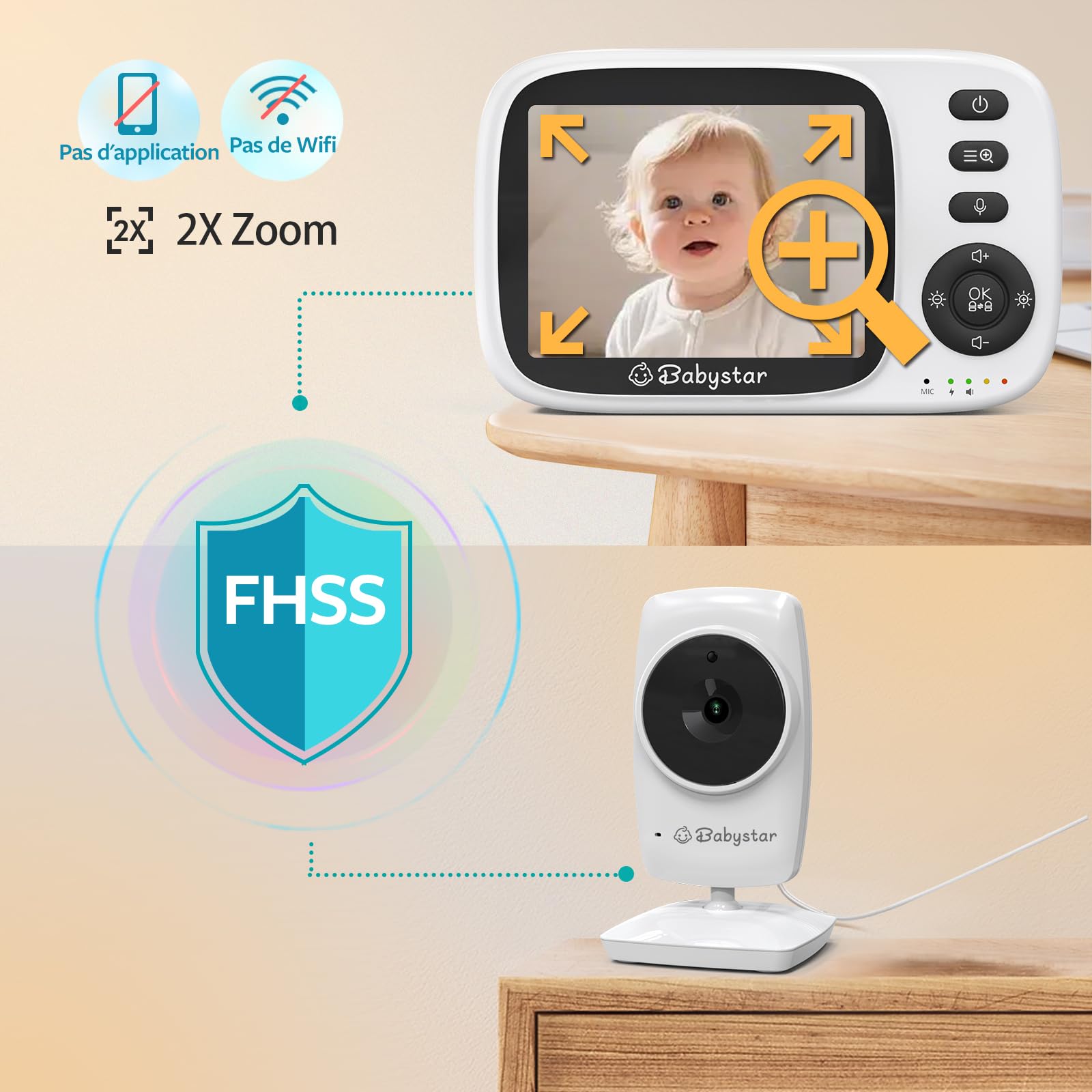Babystar Babyphone avec caméra pour bébé, écran de 3,2", babyphone sans Wi-FI, Audio bidirectionnel, berceuses, Mode VOX, Vision Nocturne, capteur de température