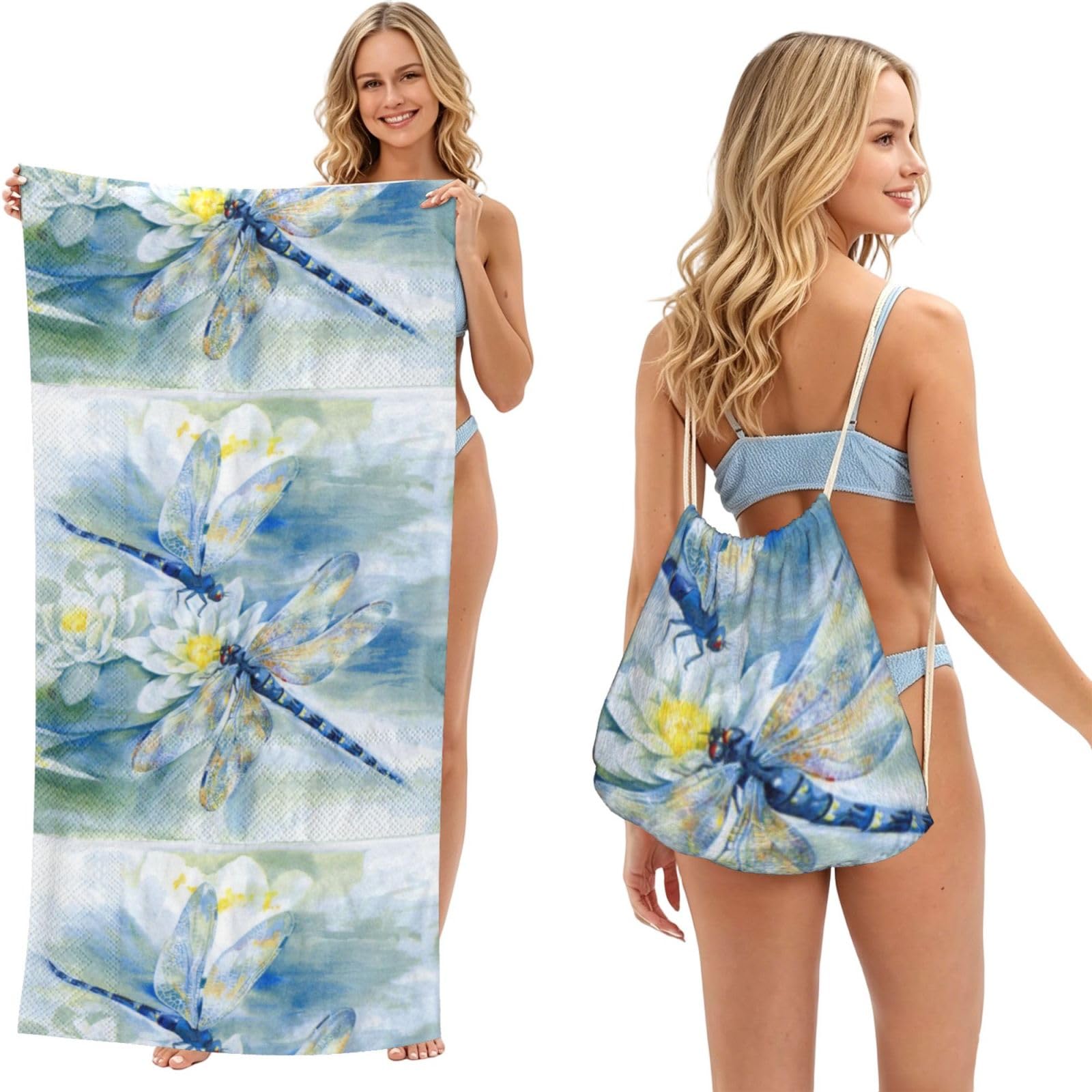 Poadnly As Picture Dragonfly, 2 In 1 Packable Towel Bag, Beach Towels With Drawstring Backpack For Travel Holiday Camping