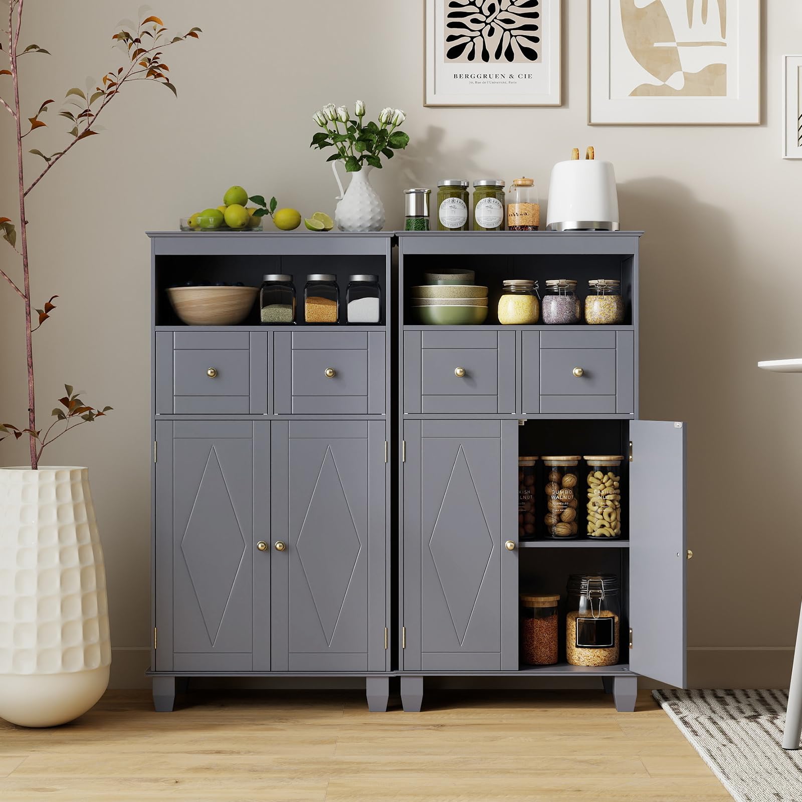LIFEZEAL Mueble de baño para Ahorrar Espacio, Mueble de baño de Suelo, 56 x 30 x 108 cm, Moderno, con 2 cajones y 2 Puertas, Compartimento Abierto, Armario autoportante, Madera, para salón (Gris)