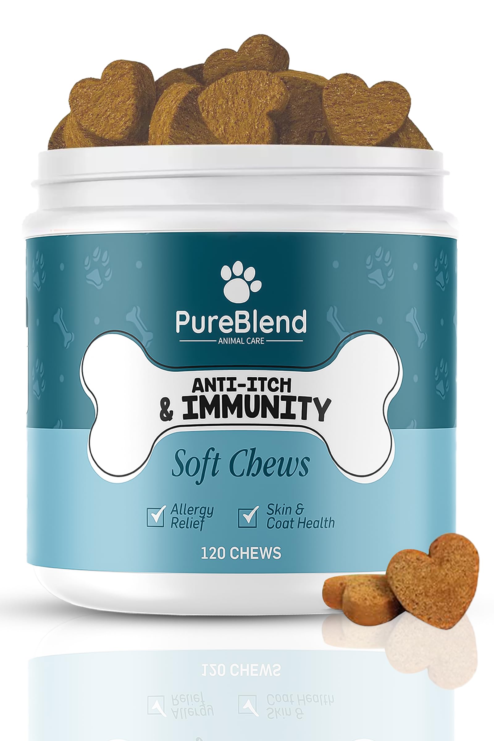 PureBlend Animal Care Anti-Itch & Immunity Dog Treats – Dog itchy skin relief, Supports Allergy Relief, Skin Health & Immune System with Colostrum, Salmon Oil, and Probiotics - 120 Soft Chews
