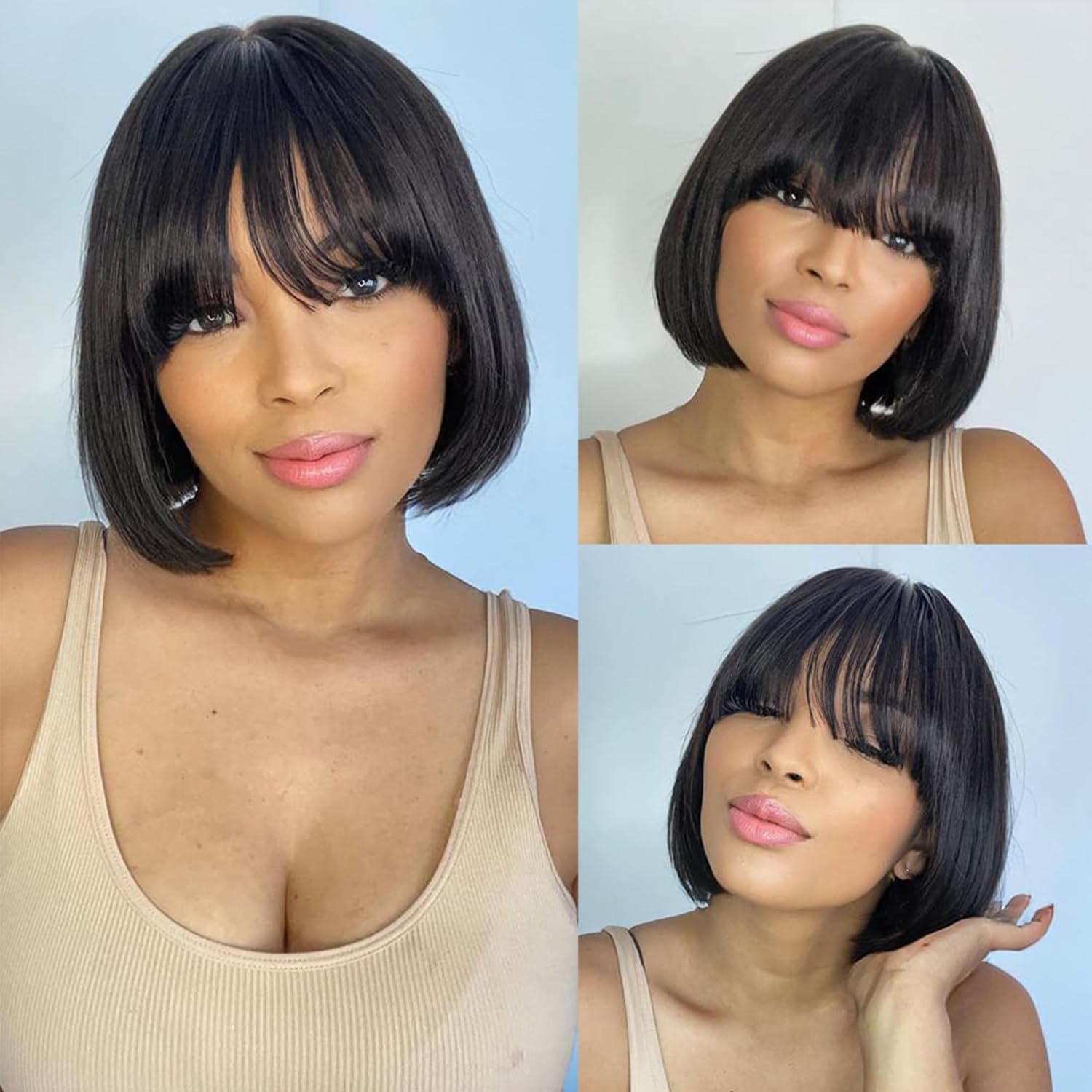Short Bob Wigs Human Hair with Fringe 180% Density Glueless Wigs with Bang Upgraded 2x1 Top Lace 100% Brazilian Virgin Human Hair Wigs Friendly Small Head 10inch - Image 2