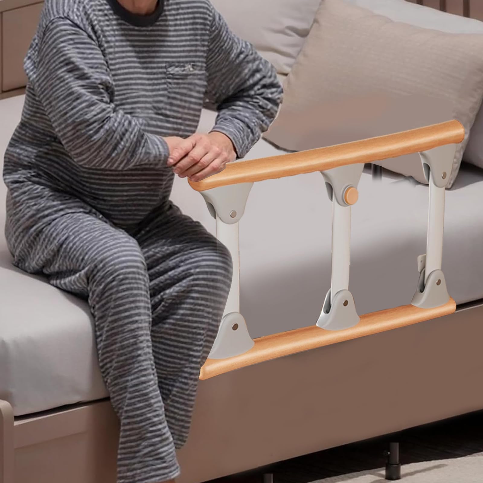 Sponda Letto Anziani Pieghevole Anticaduta | Barriera di Sicurezza Regolabile | Supporto Flessibile per Sedersi/Alzarsi | Adatta Anziani, Disabili (Legno)