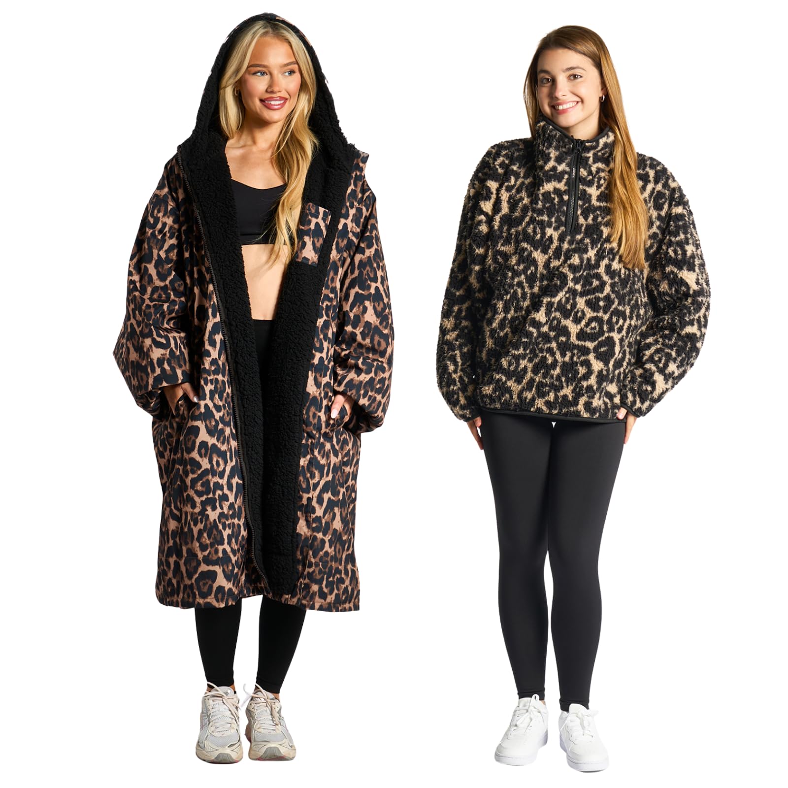 Ohs Women's Leopard Print Dry Robes Adult Changing Robe, Mothers Day Gifts Waterproof Jacket With Hood & Pockets Rain Coat With Long Sleeve Teddy Fleece Pullover Half Zip For Outdoor, - S/M