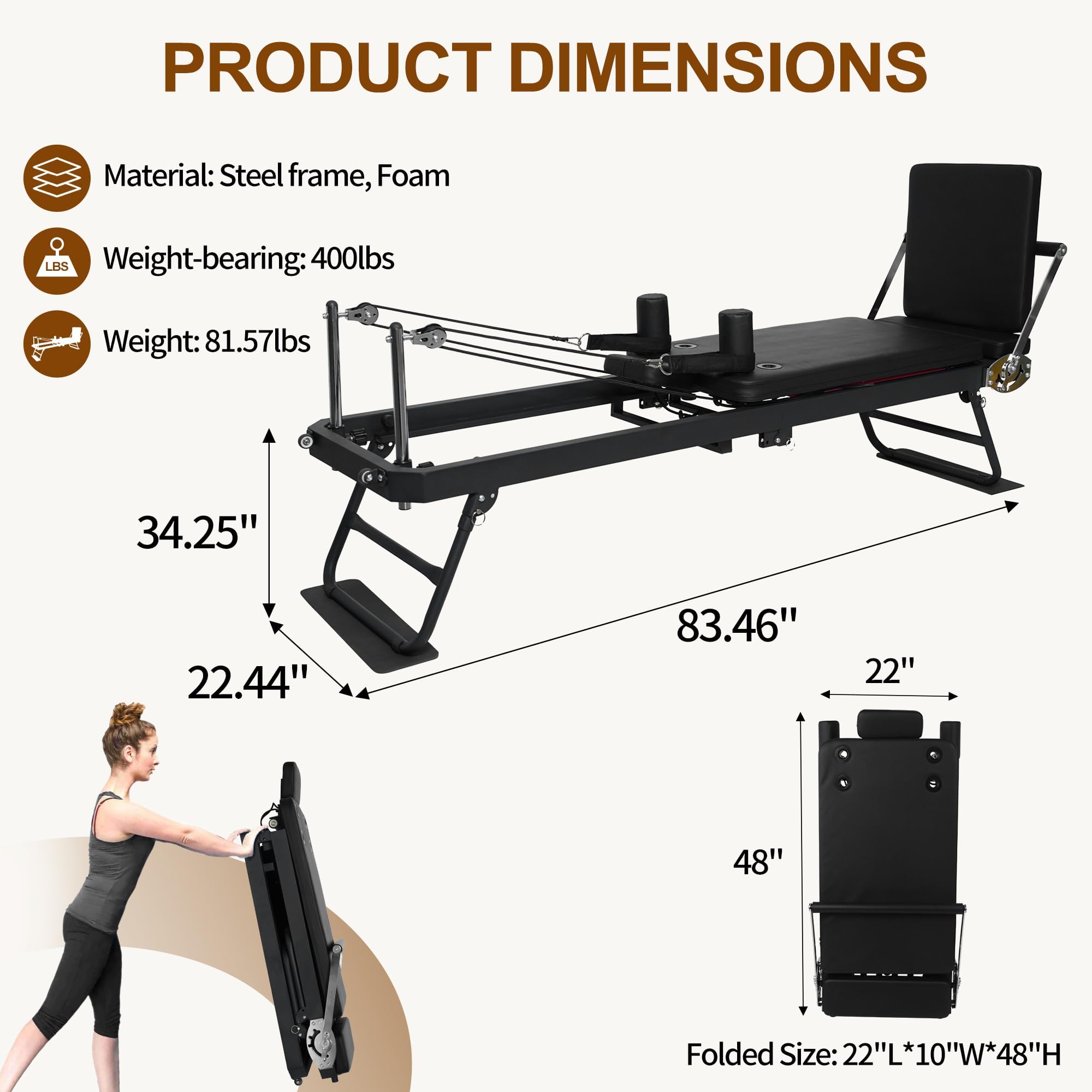 Pilates Reformer Ultra MAX-80101, Foldable Pilates Reformer Machine with a Extra Set of Drawstring, for Fome and Gym Workout- Cardio Fitness Rebounder - Springs and Jump Board Up to 400 LBS