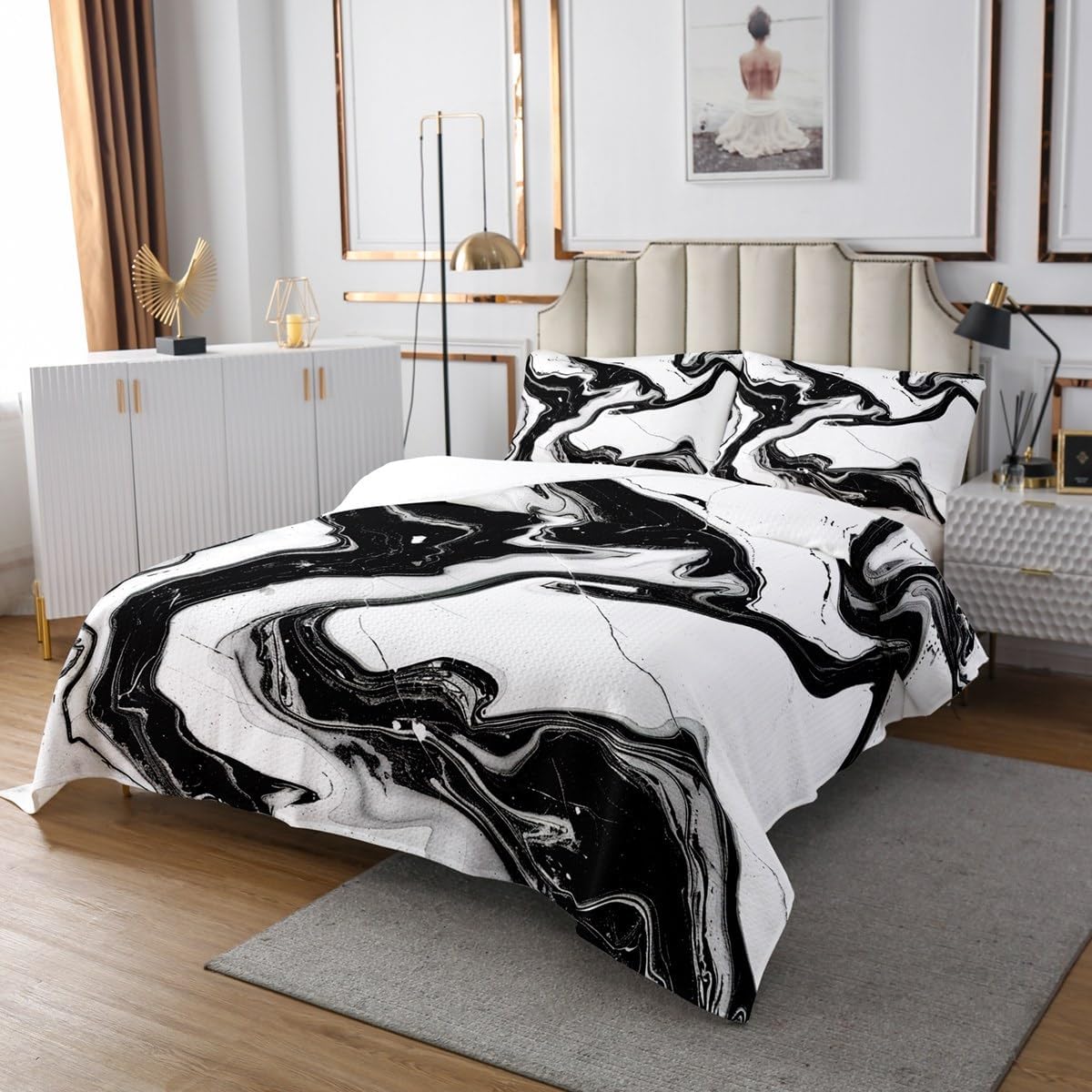 Marble Bedspread Abstract Marble Texture Quilt Set For Girls Women Kids Boys Teens Black and White Marble Decor Coverlet Set Luxury Art Liquid Painting Quilted Bedroom Collection 3Pcs Queen Size