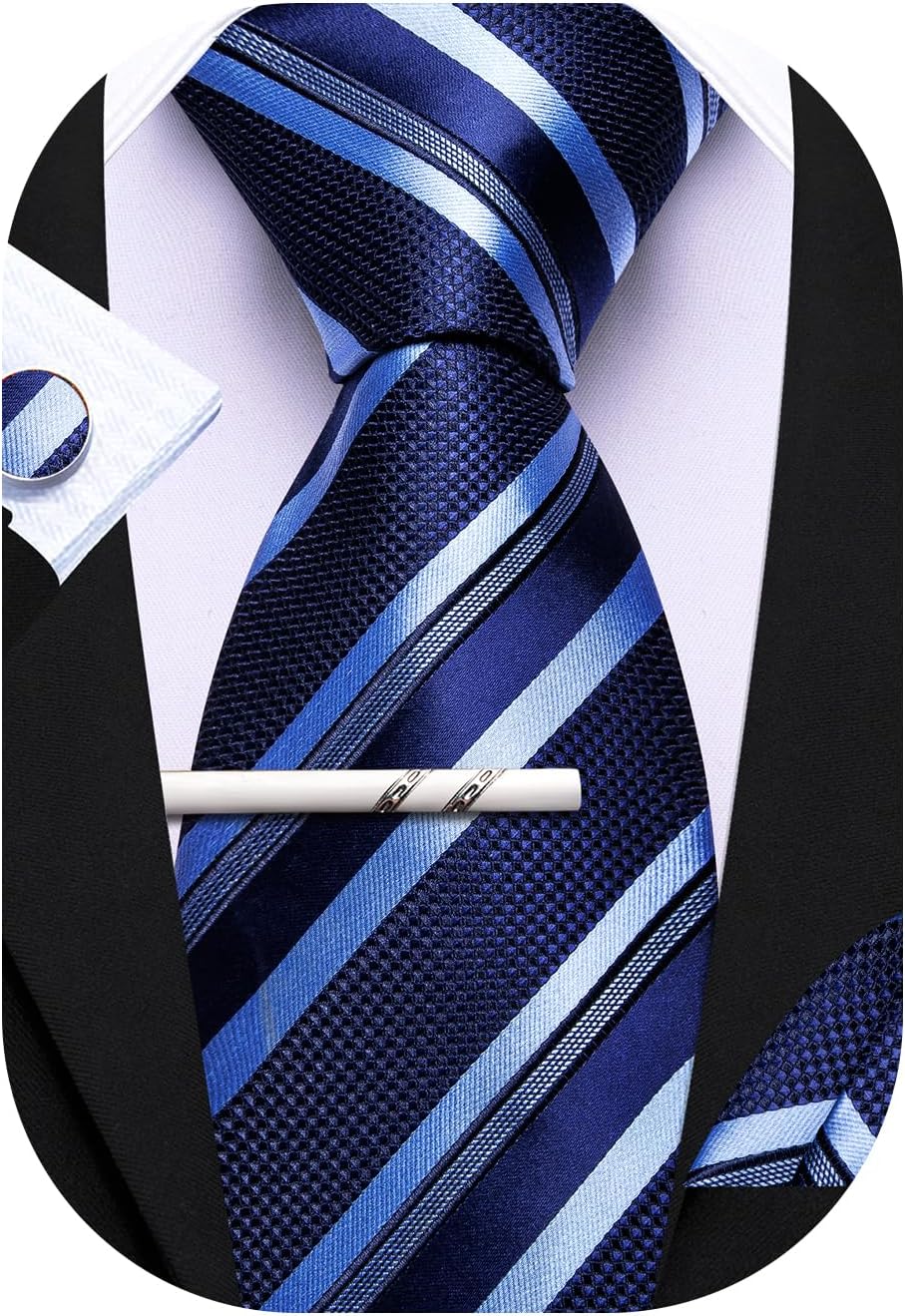 Men Tie Stripe Plaid Silk Ties Pocket Sqaure Cufflink Tie-Clip 4PCS Set Classic Business Wedding Necktie