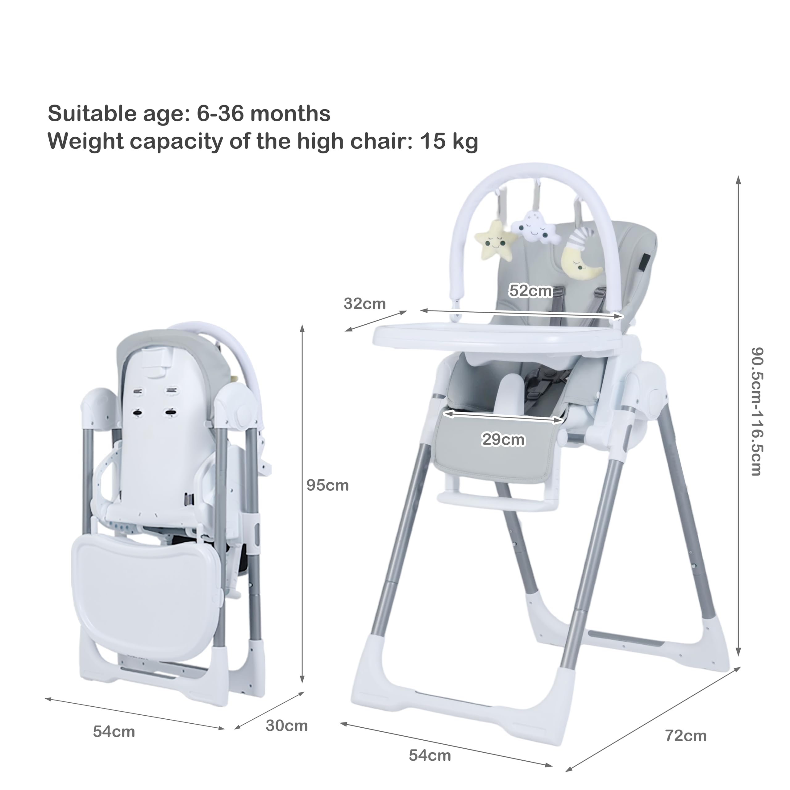 LIFEZEAL Hochstuhl für Kinder von 6-36 Monaten, Stuhl, Hochstuhl, höhenverstellbar, faltbar, neigbar, Sicherheitsgurt, Fußregen, 2 Tabletts, Räder, Spielzeug, hellgrau