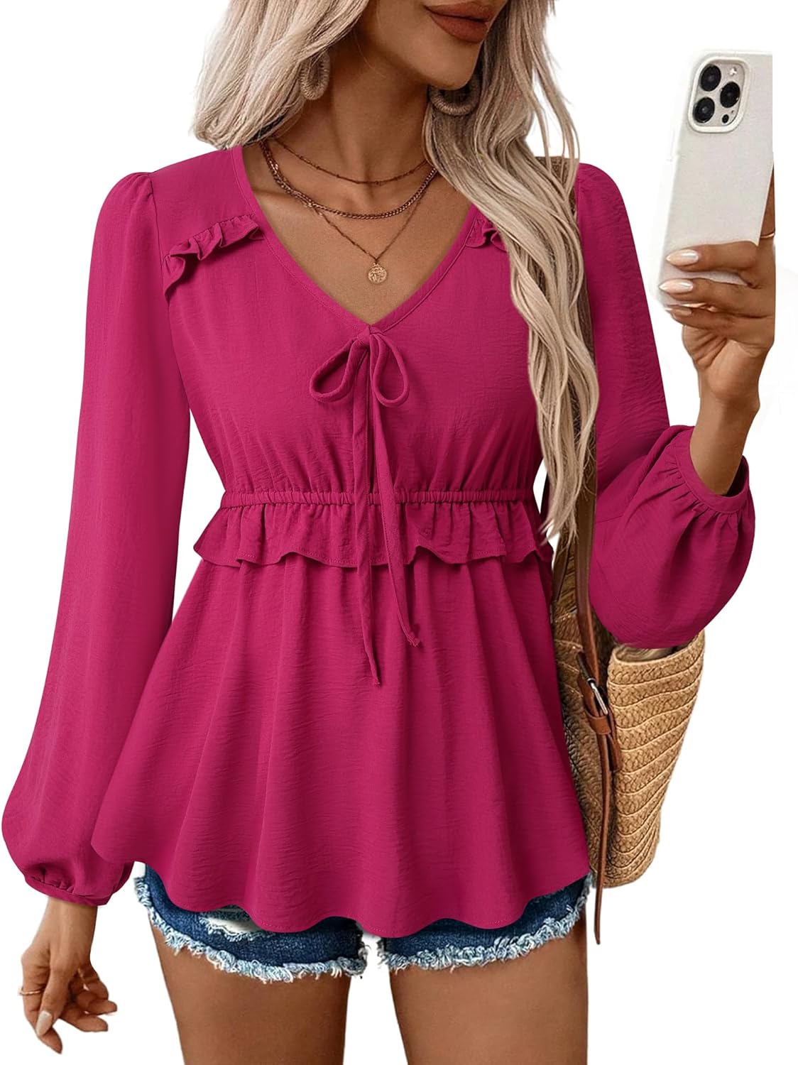 Vivilli Women's Blouses Dressy Casual Ruffle V Neck Tops Ruched Waist Lantern Long Sleeve Shirts Fall Outfits - Image 2