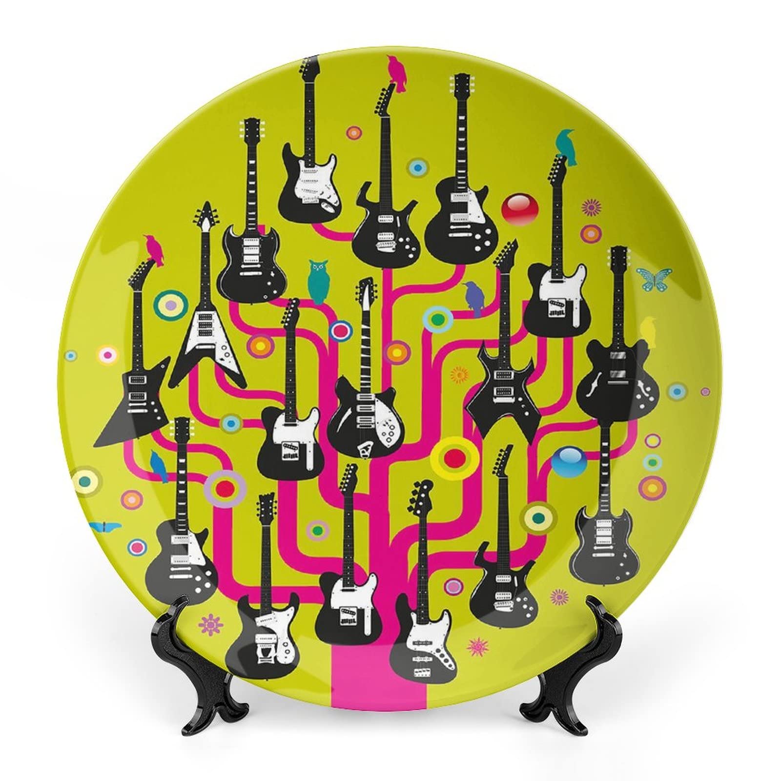 XISUNYA 10 Inch Decorative Plate, Music Dinner Plate, Guitars for Rock Stars Above a Tree Plant Modern Geometric Print Ceramic Wall Hanging for Home &