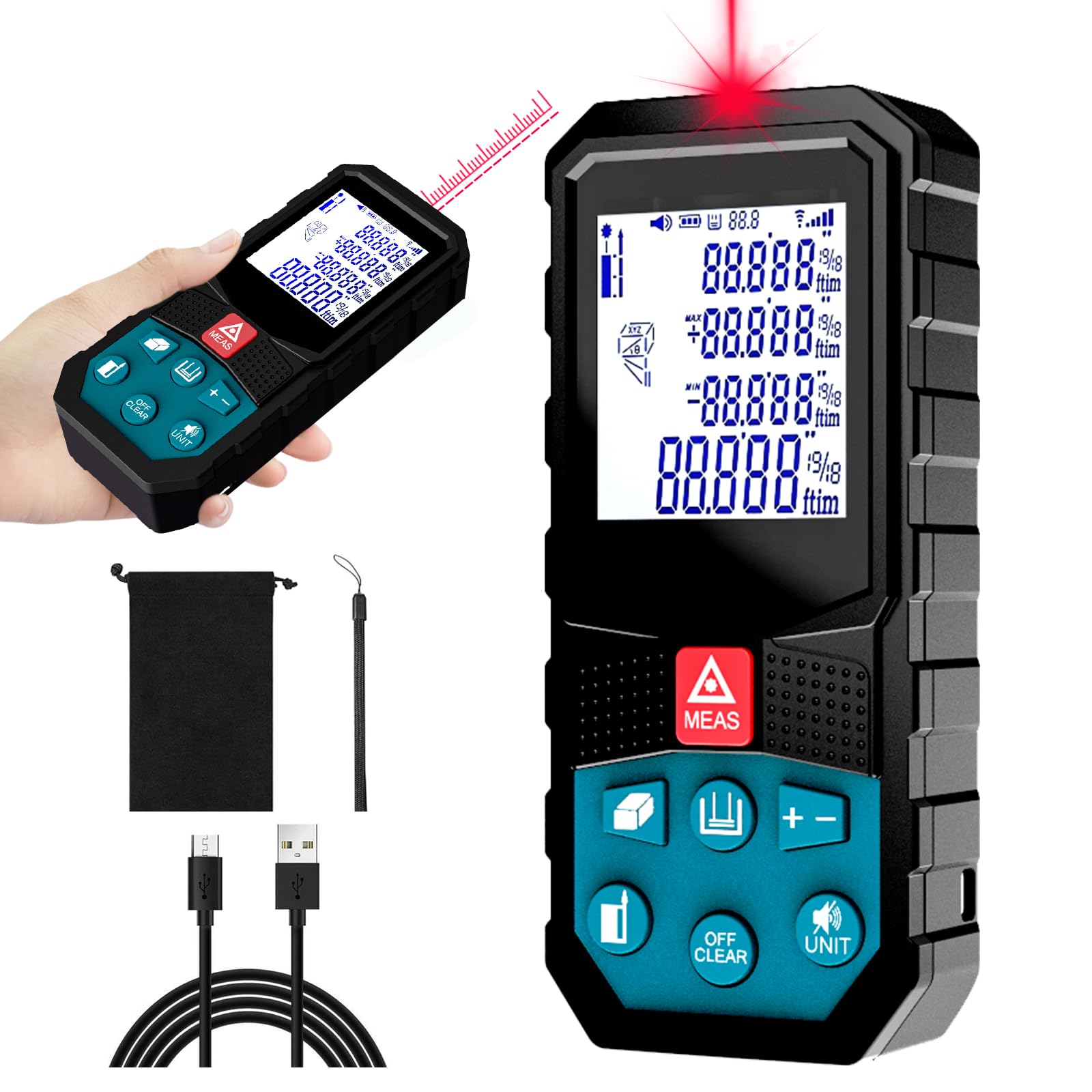 Digital Laser Distance Meter with Li-ion Battery & Real-Time Electric Angle,100M/328Ft Laser Measurement Tool,Mini Rangefinder,M/in/Ft Unit Switching and Pythagorean Mode, Measure Distance,Area,Volume