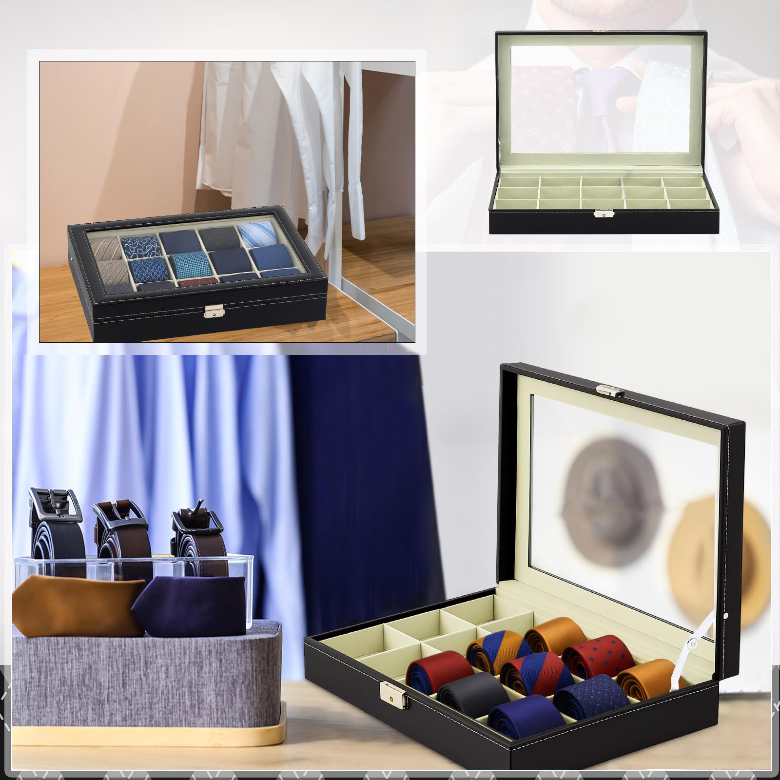 AceOrbit Luxuriöse Krawattenvitrine mit Glasdeckel - 15 Steckplätze Organizer für Herren Krawatten & Accessoires, abschließbare Kommode Aufbewahrungsbox, elegantes Geschenk zum Vatertag
