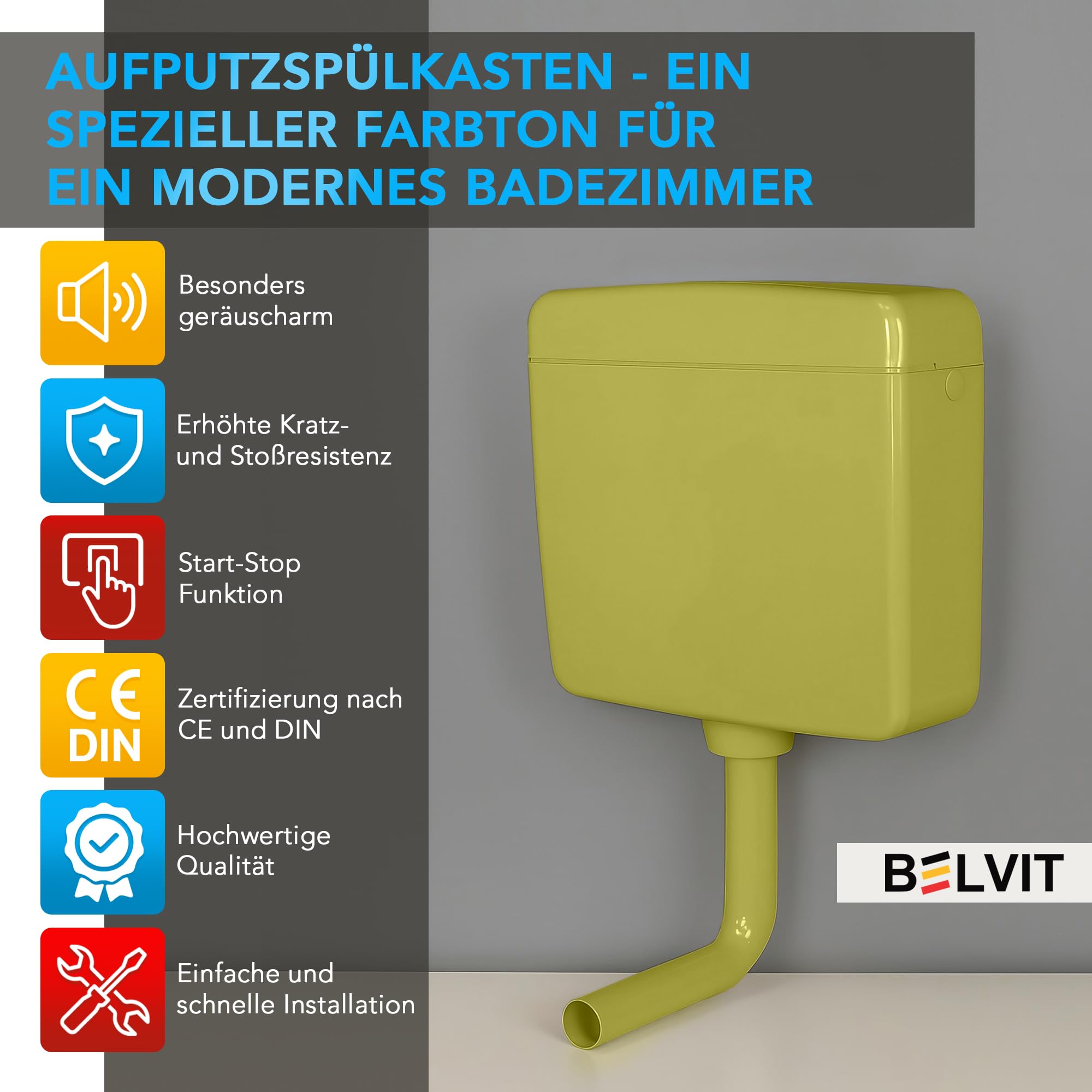 Belvit WC Spülkasten 3-9L Aufputzspülkasten, Moosgrün | geräuscharm & wassersparend, Start-Stopp-Funktion, 3-fach Anschluss, Komplettset