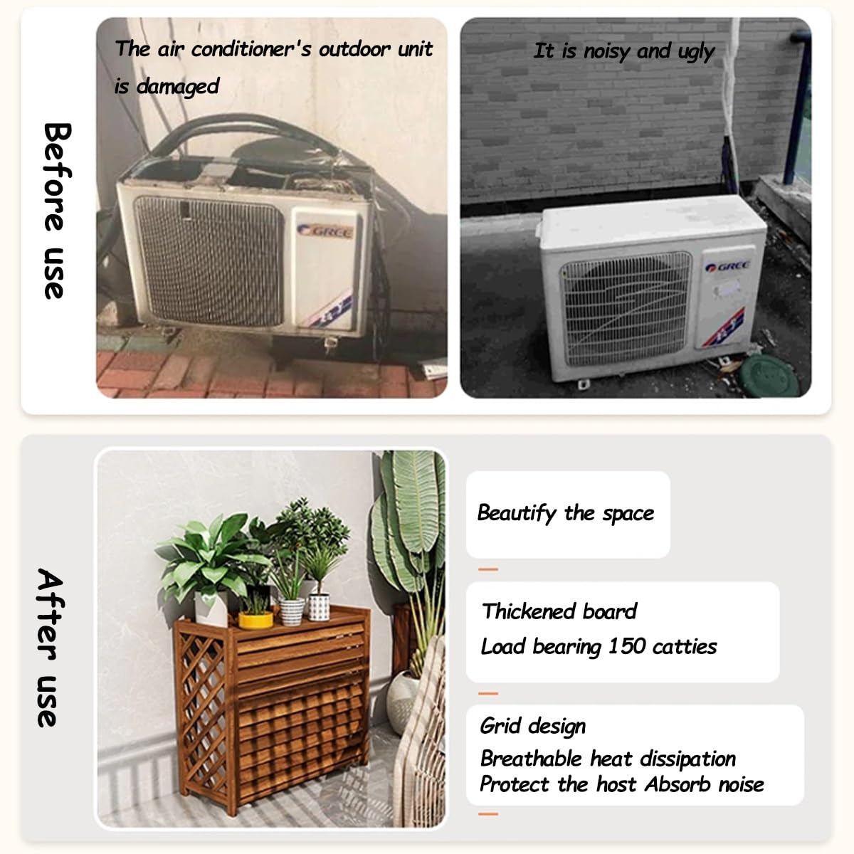 Holz Blumenständer Box Air Klima Abdeckung - Schallschutzhaube Wärmepumpe Schutzgitter - Verkleidung Klimaanlage Außengerät Sichtschutz Zäune(Brown,L96cm*W40cm*H89cm)