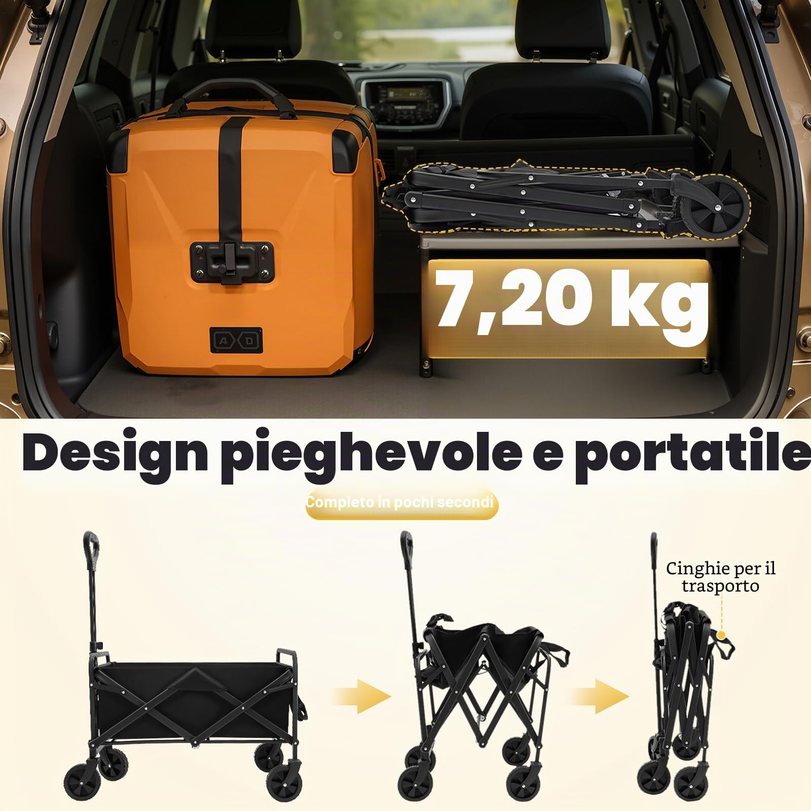 Carrello pieghevole con portabicchieri e maniglia regolabile, carrello pieghevole come carrello da trasporto e carrello da spiaggia per esterni, campeggio, shopping, giardino, portata 80 kg, nero