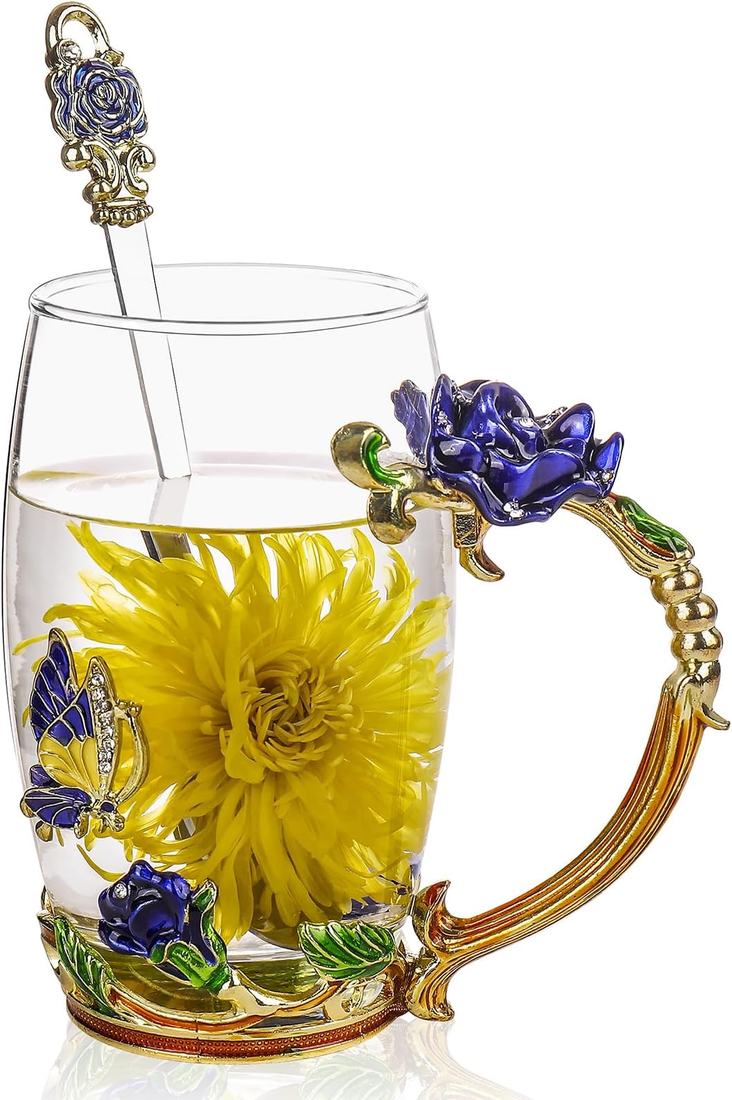 ONEPENG Birthday Gifts For Women, Glass Flower Tea Mugs(Rose-Blue-Tall)