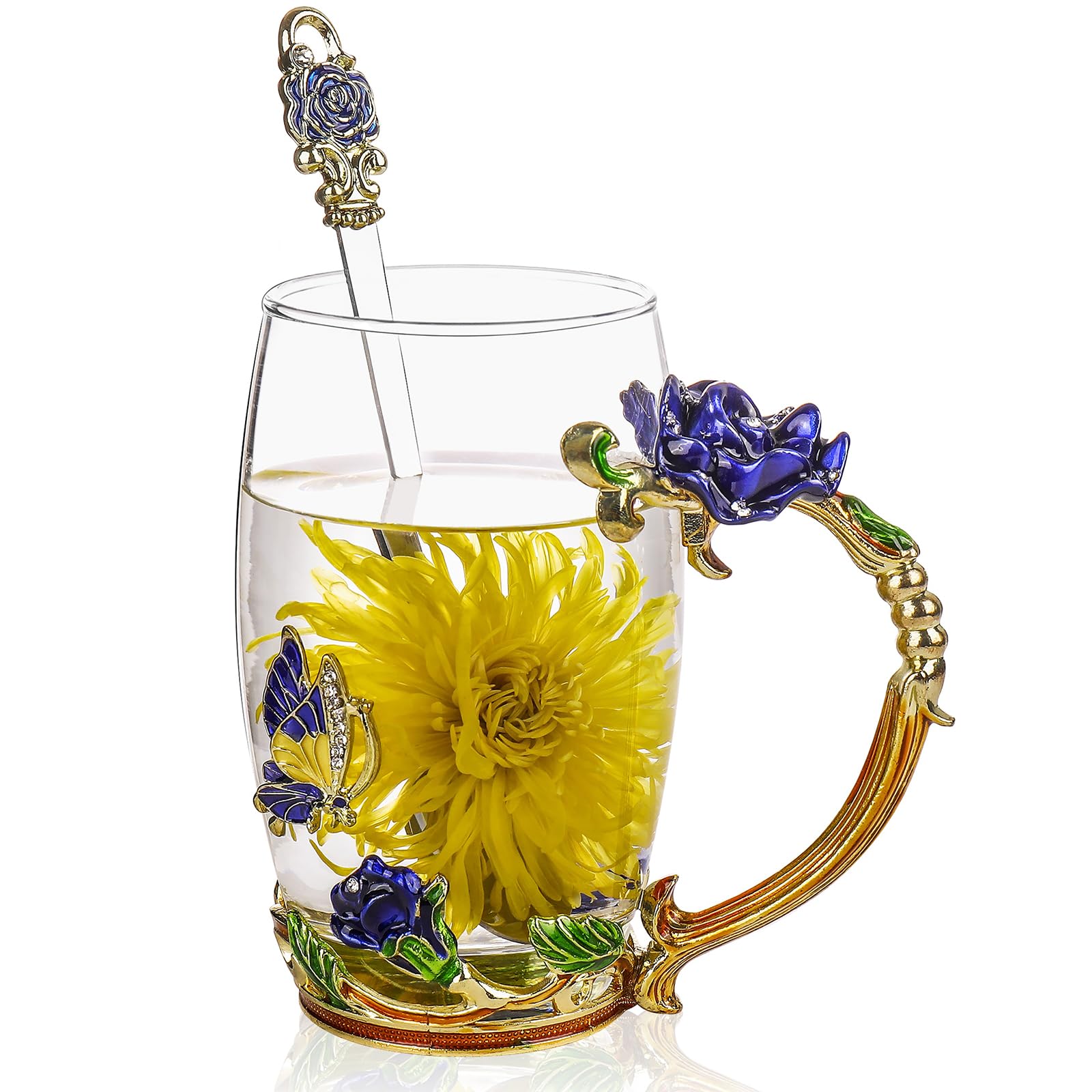 Gifts for women, Butterfly Rose Tea Cup with Spoon Set, Best Birthday Gift For Mom Wife Friends Mothers Valentines Day Christmas,durable Glass Coffee Mug