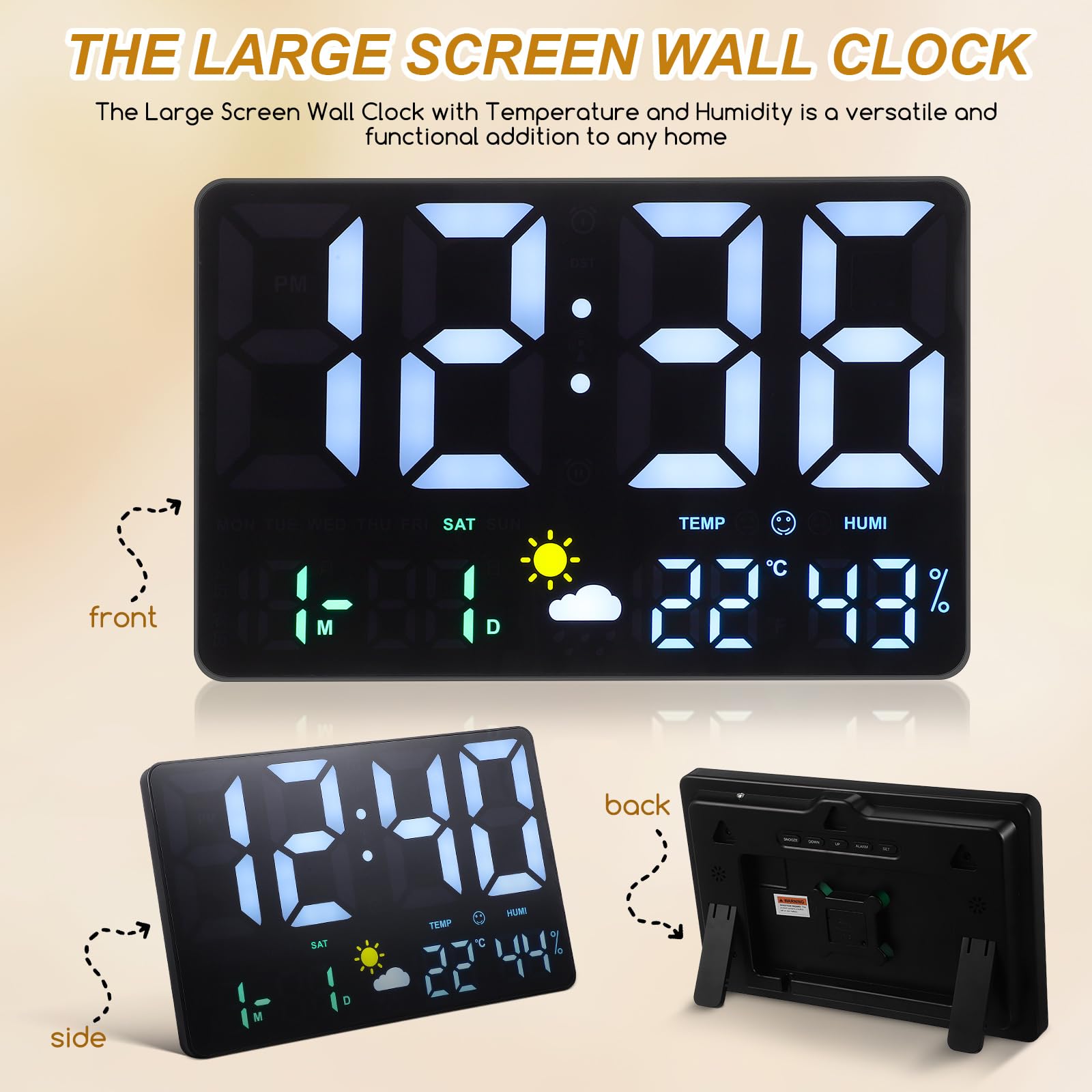POPETPOP Digitale Wanduhr Groß mit LED Display Temperatur und Luftfeuchtigkeitsanzeige Luftdrucksensor Wettervorhersage Wecker und Kalender für Büro und Wohnzimmer