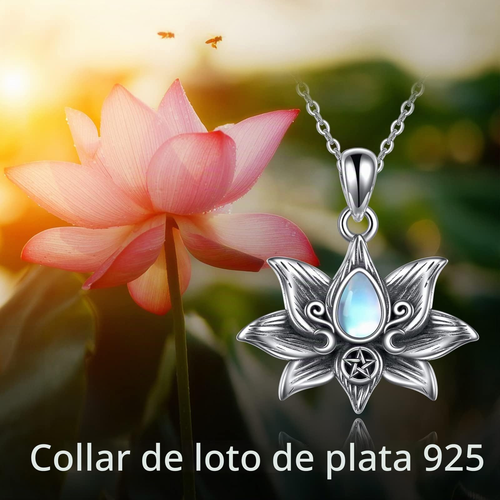 AXELUNA Collar de flor de loto de plata de ley con colgante de triple luna, diosa de loto, joyería para mujeres y hombres, cumpleaños, plata de ley, circonita, Plata esterlina,