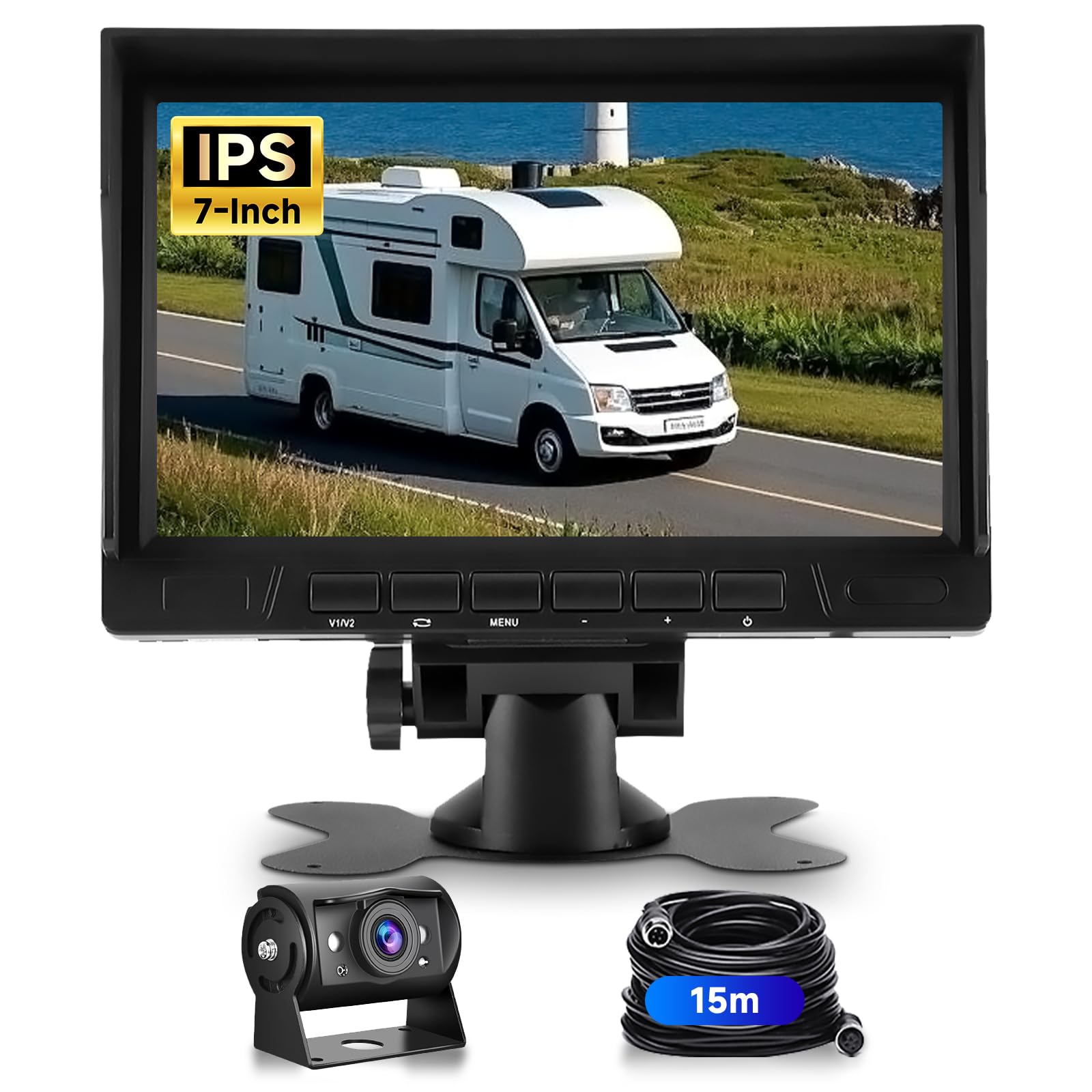 VECHTEL 1080P Caméra de recul avec écran IPS 7 Pouces,kit d'aide au stationnement,1024 x 600,IP69 AHD Vision Nocturne pour SUV, camionnette, Camping-Car, avec Pare-Soleil, câble de 15 m, 12-24 V