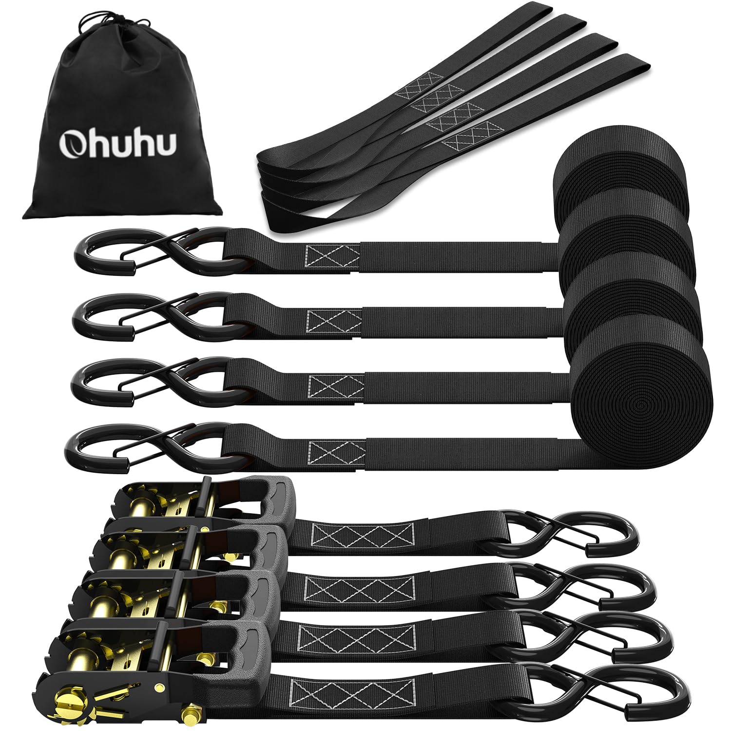 Ohuhu Spanngurte mit Ratsche und Haken 4 Stück - 4 cm x 4,6 m 1500 kg Bruchlast, Ratschen Set - Ratschengurt 2-Teilig - Zurrgurte Schwarz mit Sicherheits-S-Haken für LKW, Ladung, Umzüge, Geräte