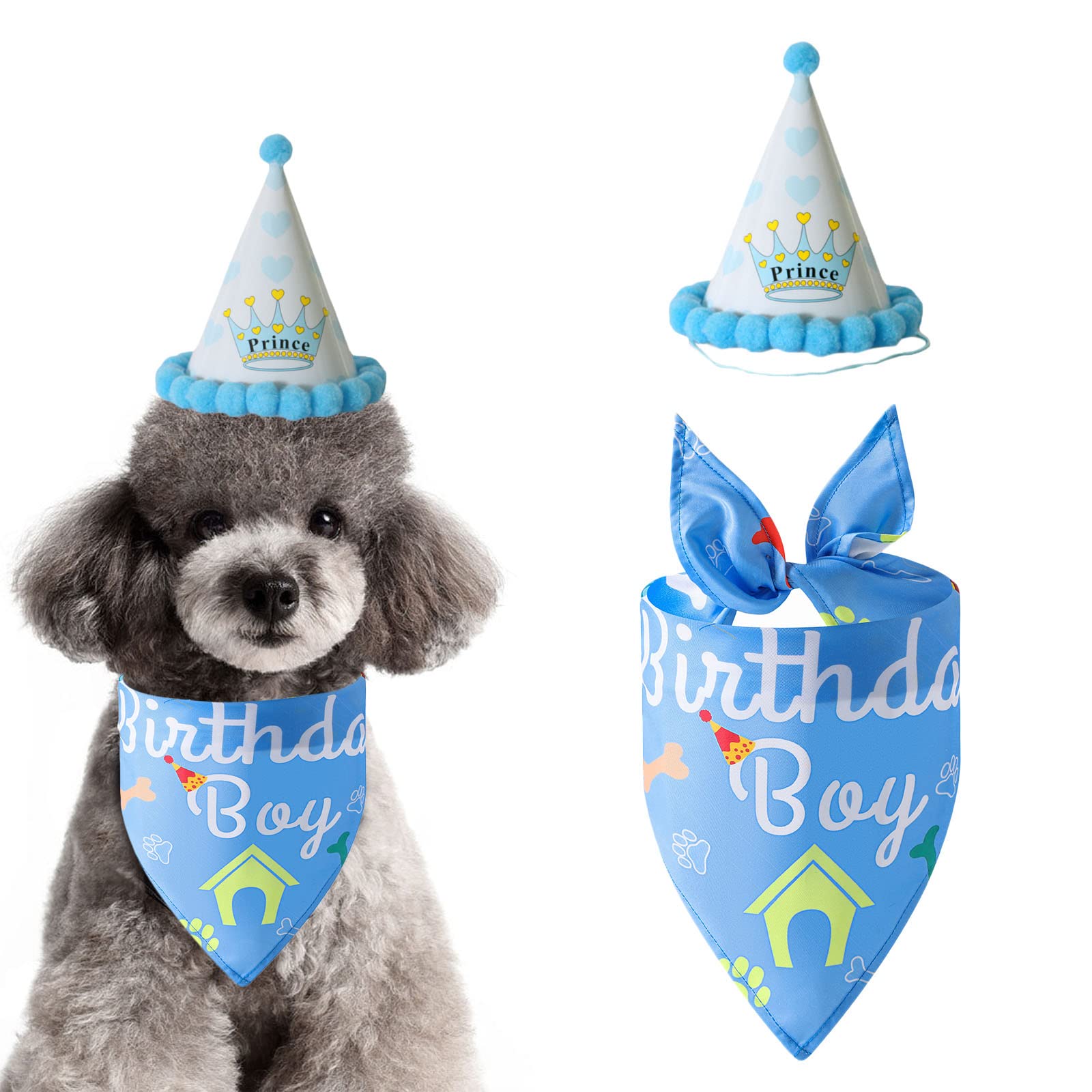 Dog Birthday Bandana Hat Kit,Triangle Cotton Dog Scarf with Cute Birthday Boy/Girl Decorations,Puppy Birthday Party Hat Set Dog Birthday Cake Outfit Gift/Pet Party Supplies Accessories(Blue)