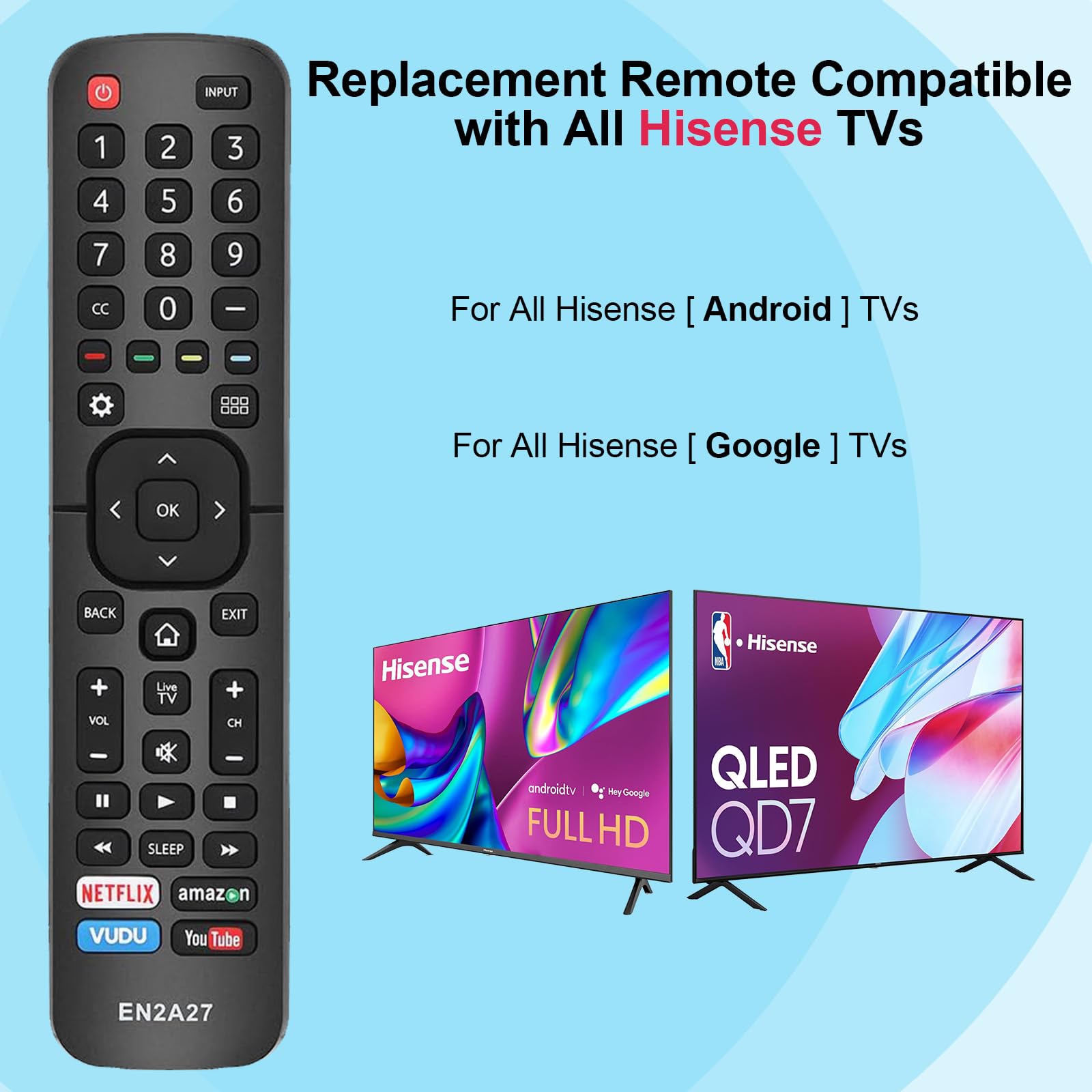 Gvirtue Telecomando universale EN2A27 per tutti i telecomandi TV Hisense, controllo di ricambio per Hisense-Smart-TV-Remote, per Hisense LED LCD UHD 4K Android Smart TV, con pulsanti Netflix, Amazon,