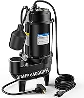 Acquaer 3/4 HP Submersible Sewage Pump with Float Switch - 6400 GPH, 2" Solids Handling, Cast Iron for Sump Basins & Basements