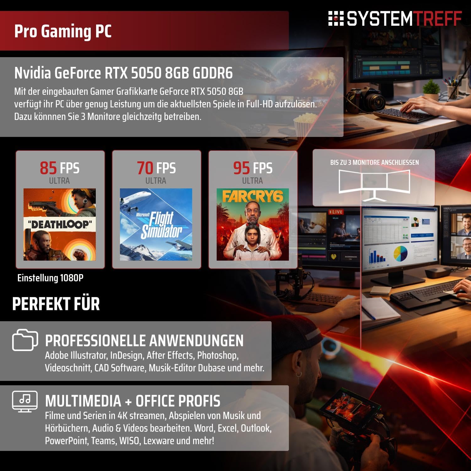 SYSTEMTREFF Gaming PC - AMD Ryzen 5 5600 - RTX 5050 8GB GDDR6 | AMD 6-Kern CPU bis 4.4 GHz, 16GB DDR4, 512GB M.2 NVMe SSD, Nvidia Grafik WLAN, Windows 11, für Gaming, Streaming