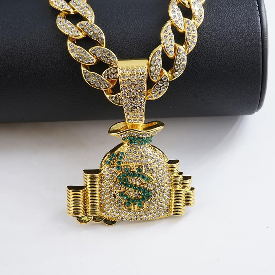 Men’s Hip Hop Rhinestone Dollar Money Bag Pendant Necklace Rock Rapper Jewelry, Gothic Punk Rock Iced Out Gold Lucky Dollar Sign Cuban Link Chain for Men