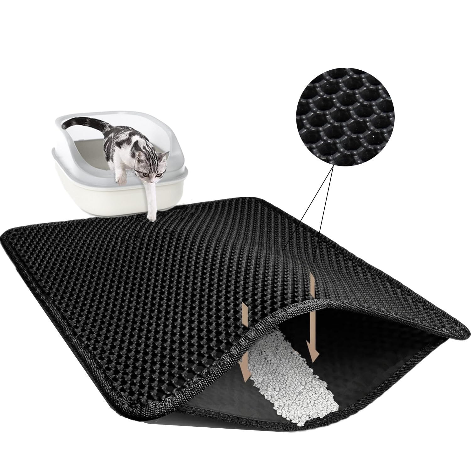 TidyNuts Cat Litter Mat 23.6"x15.7" Double Layer Waterproof & Non-Slip - Honeycomb Washable EVA Litter Mat for Scatter Control, Urine Proof Litter Trapping Mat for Litter Box(Black)