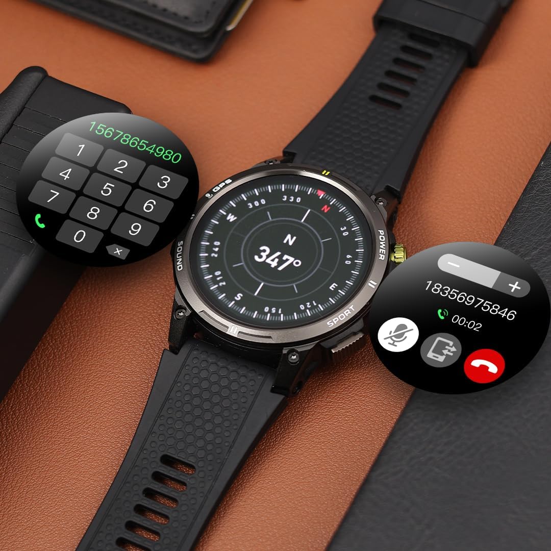 ALPHAGEAR Bravo Series II Smartwatch displaying a phone dialer and an incoming call notification.