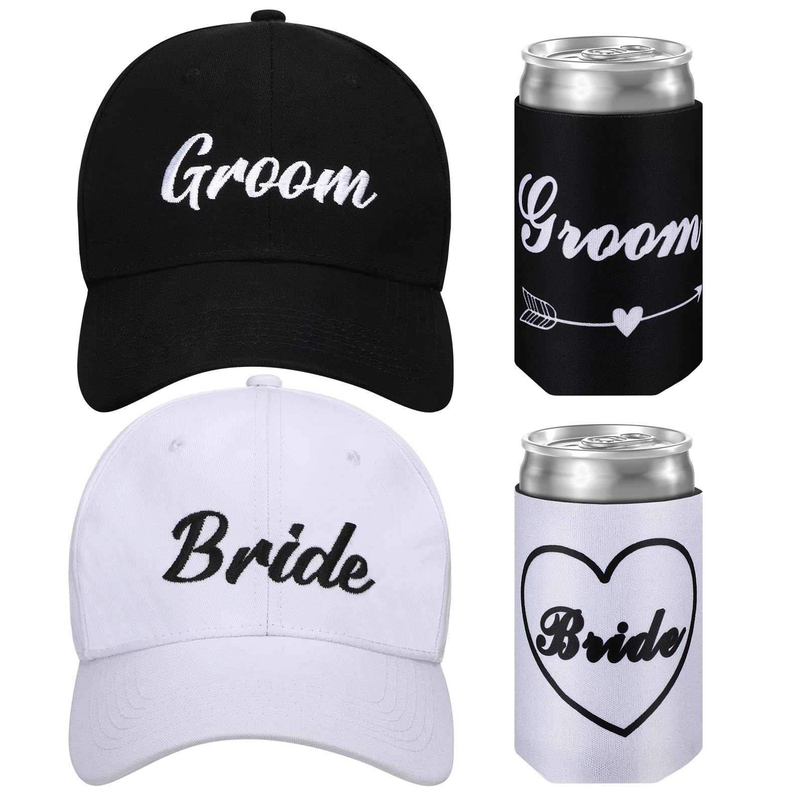 Tisancy 4 Pcs Bride and Groom Caps Wedding Gifts for Newlyweds Baseball Hats Married Novelty Can Cup Cooler