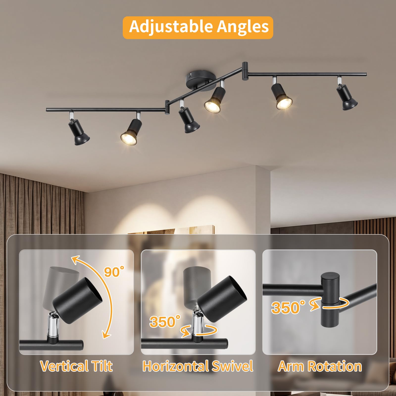 Faretti LED Soffitto GU10 Orientabili in Ferro, Nero, 6 Luci | 350° Orizzontali e 90° Verticali, Max 50W per Lampadina GU10, Senza Lampadina, Ideale per Soggiorno, Cucina e Camera da Letto
