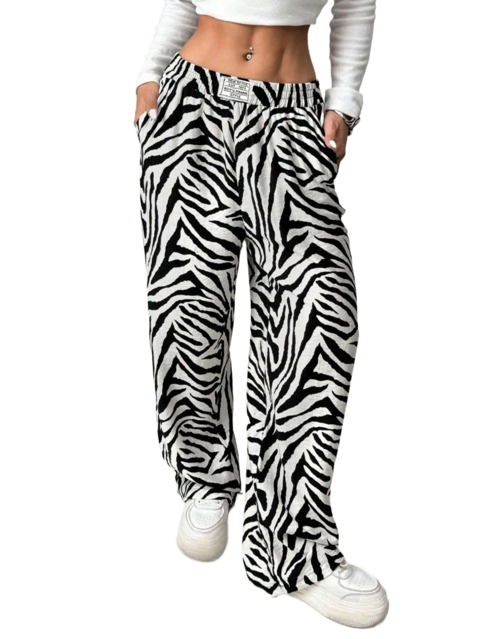 Zebra Print Pants for Women Lightweight High Waist Draped Wide Leg Pants with Pockets Casual Loose Fit Trousers