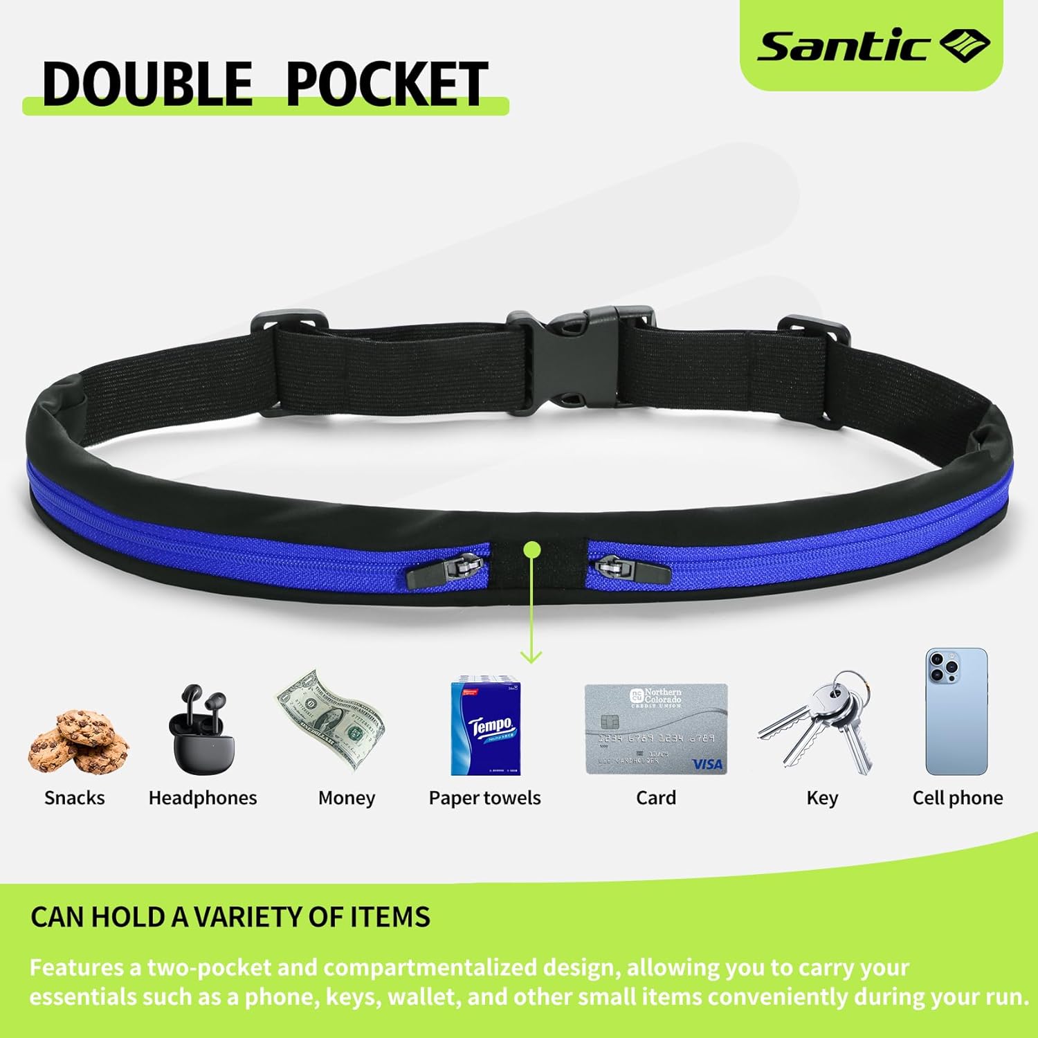Santic Fanny Packs Running Waist Pack Belt Bag with 2 Zipper Pockets for Jogging Hiking Cycling Workout