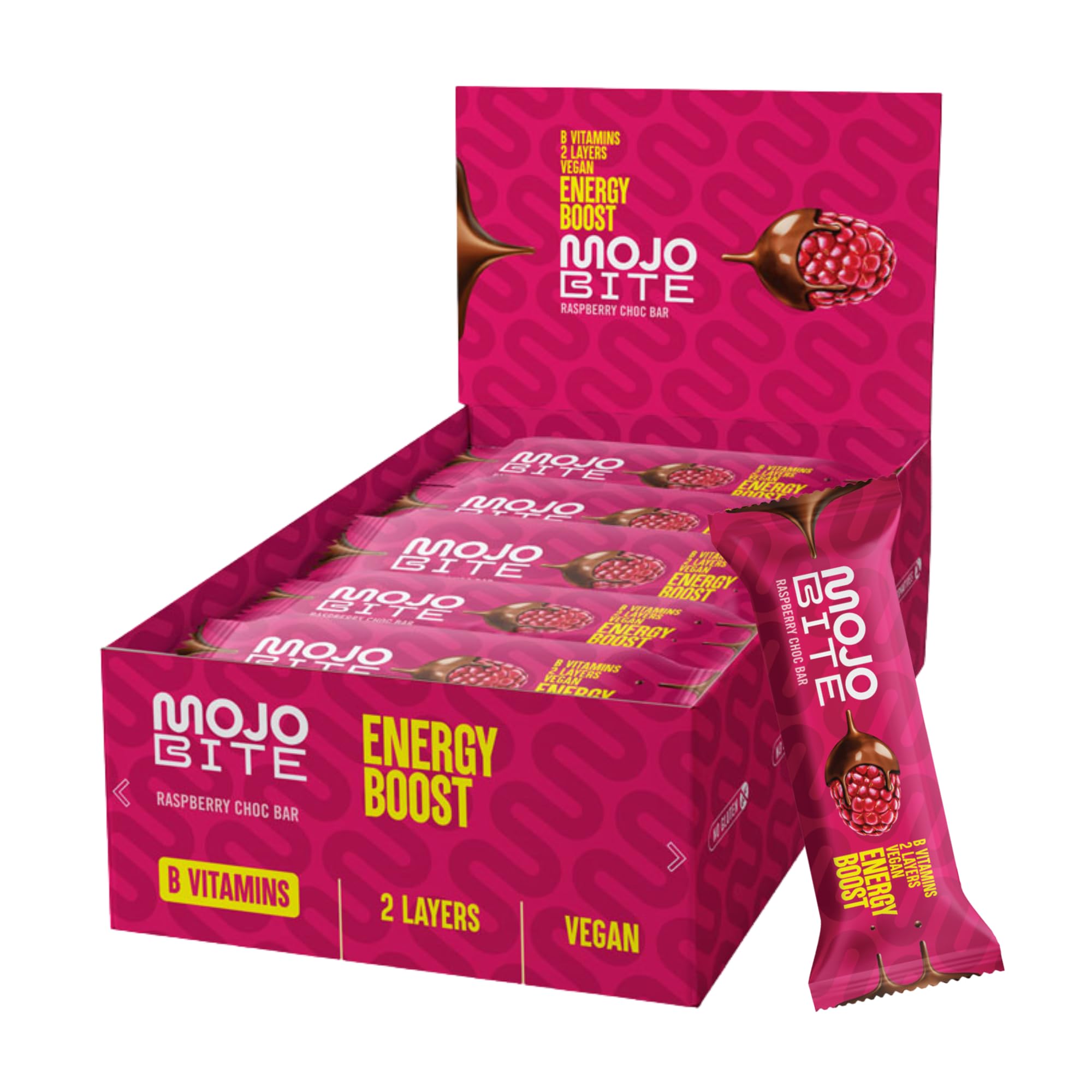 MojoBite Energy Boost Energieriegel Himbeere Schoko - 12 x 44g - Doppelschicht Snackriegel mit 40% des Täglichen Vitamin-B-Komplexbedarfs, Vegan, Glutenfrei, Ballaststoffreich