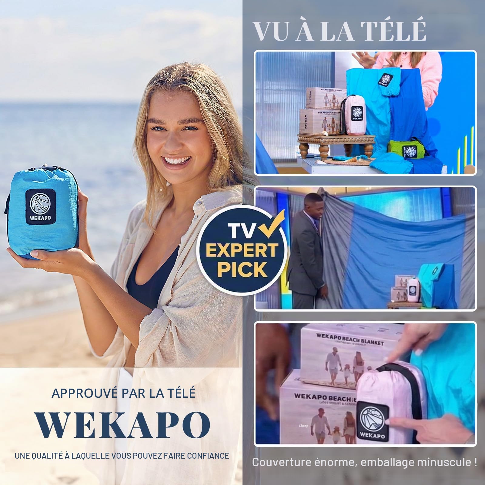 Wekapo Couverture de Plage Anti-Sable, surdimensionnée de 3 x 2,7 m pour 7 Adultes, Tapis de Plage Grand et Compact, séchage Rapide, léger et Durable avec 6 piquets et 4 Poches d'angle
