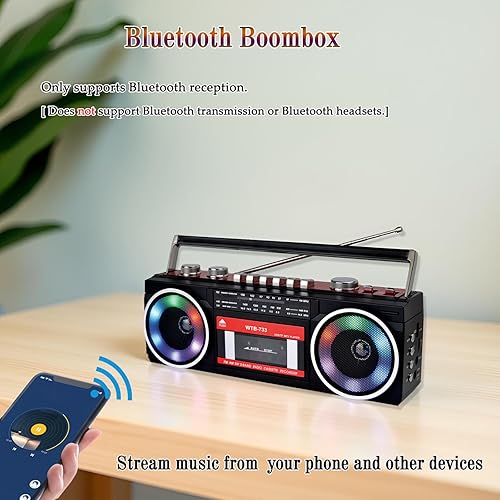 Miniatura 6 de Grabador de cassette retro de los años 80 con radio AMFMSW, Boombox Bluetooth, USB, micrófono integrado para grabación de voz, luces coloridas RGB,