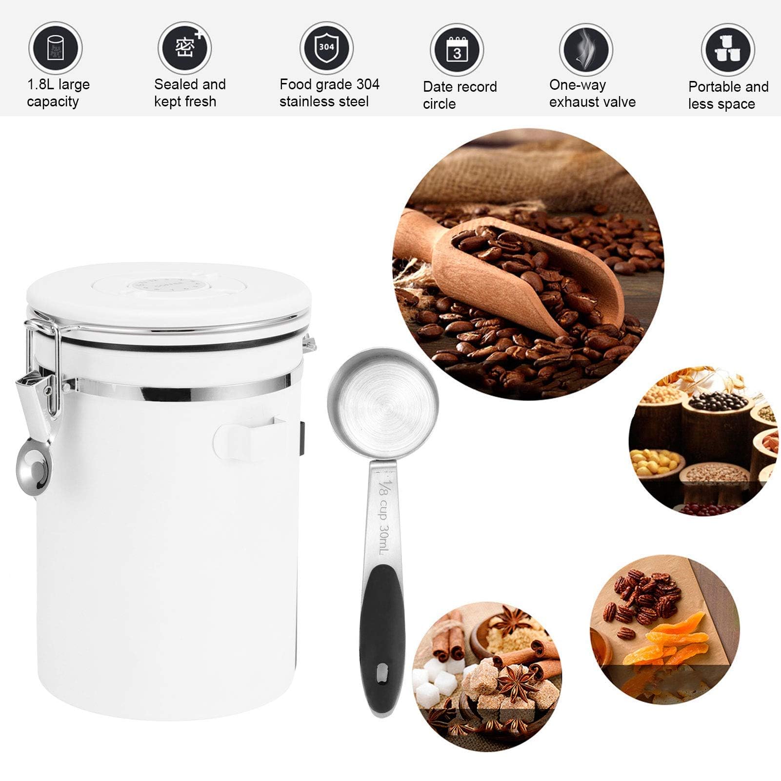 HERCHR 60oz Coffee Canister with Scoop, Stainless Steel Airtight Coffee Bean Canister Sugar Tea Flour Storage Containers with Date Tracker and CO2 Valve(White)