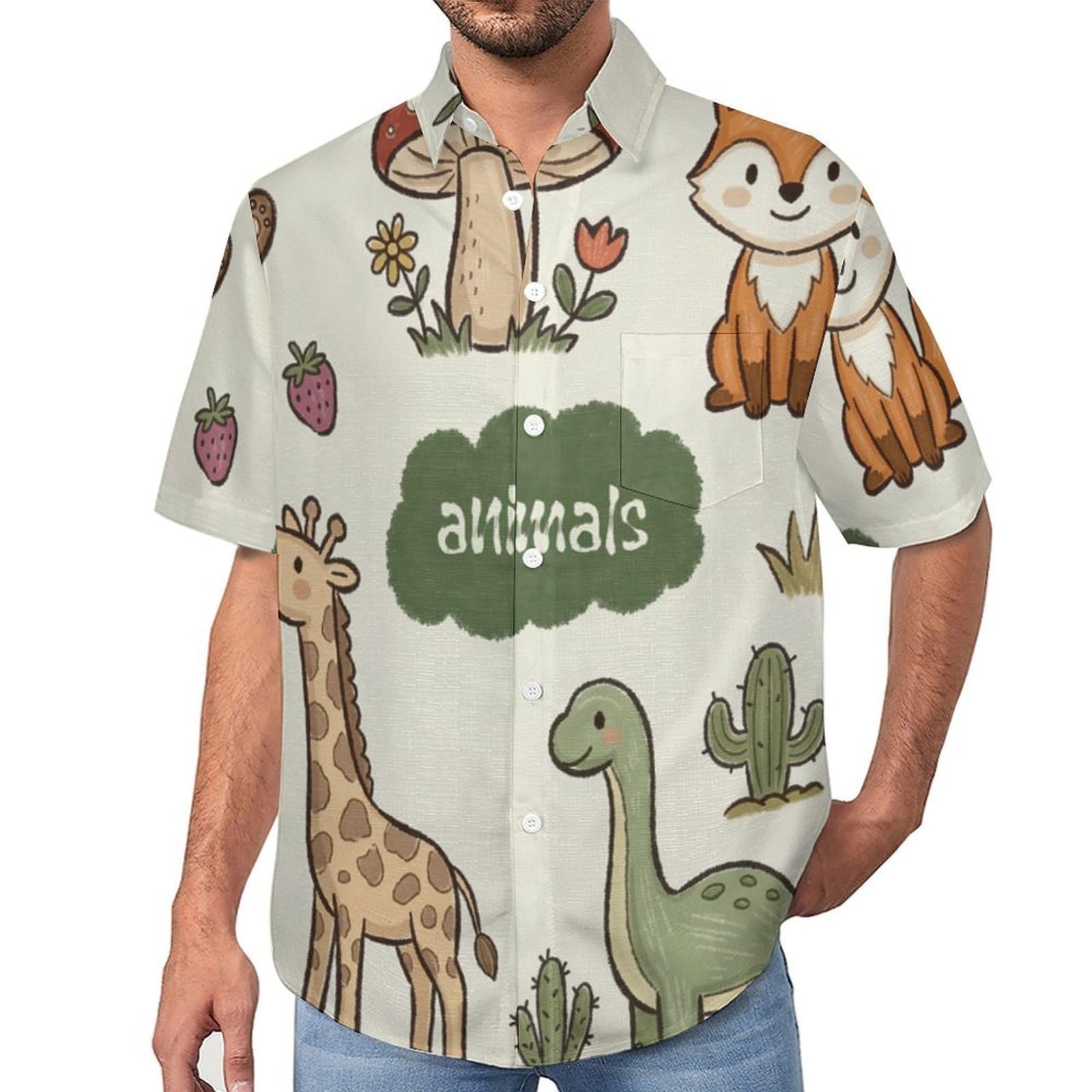 Camicia da Uomo a Maniche Corte con Bottoni, Stile Cartoni Animati Carini con Stampa Animali della Foresta, vestibilità Regolare, Camicie da Spiaggia Estiva Hawaiano, Aloha