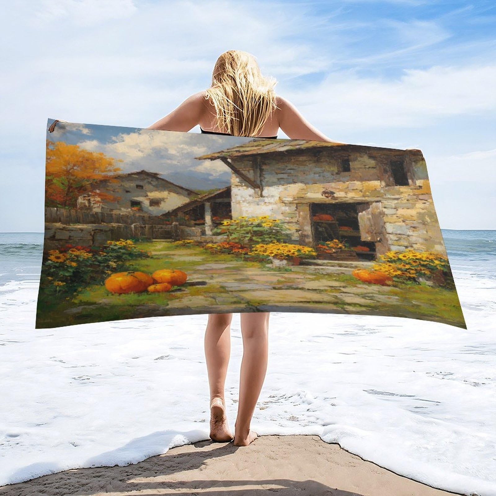 Luyysky Funny Abstract Autumn Barn Absorbent Beach Towel, Colorful Watercolor Fall Plant Maple Tree Sunflowers Pumpkins Outdoor Single-Sided Velvet Beach Towel-80 W Cm X 160" L Cm