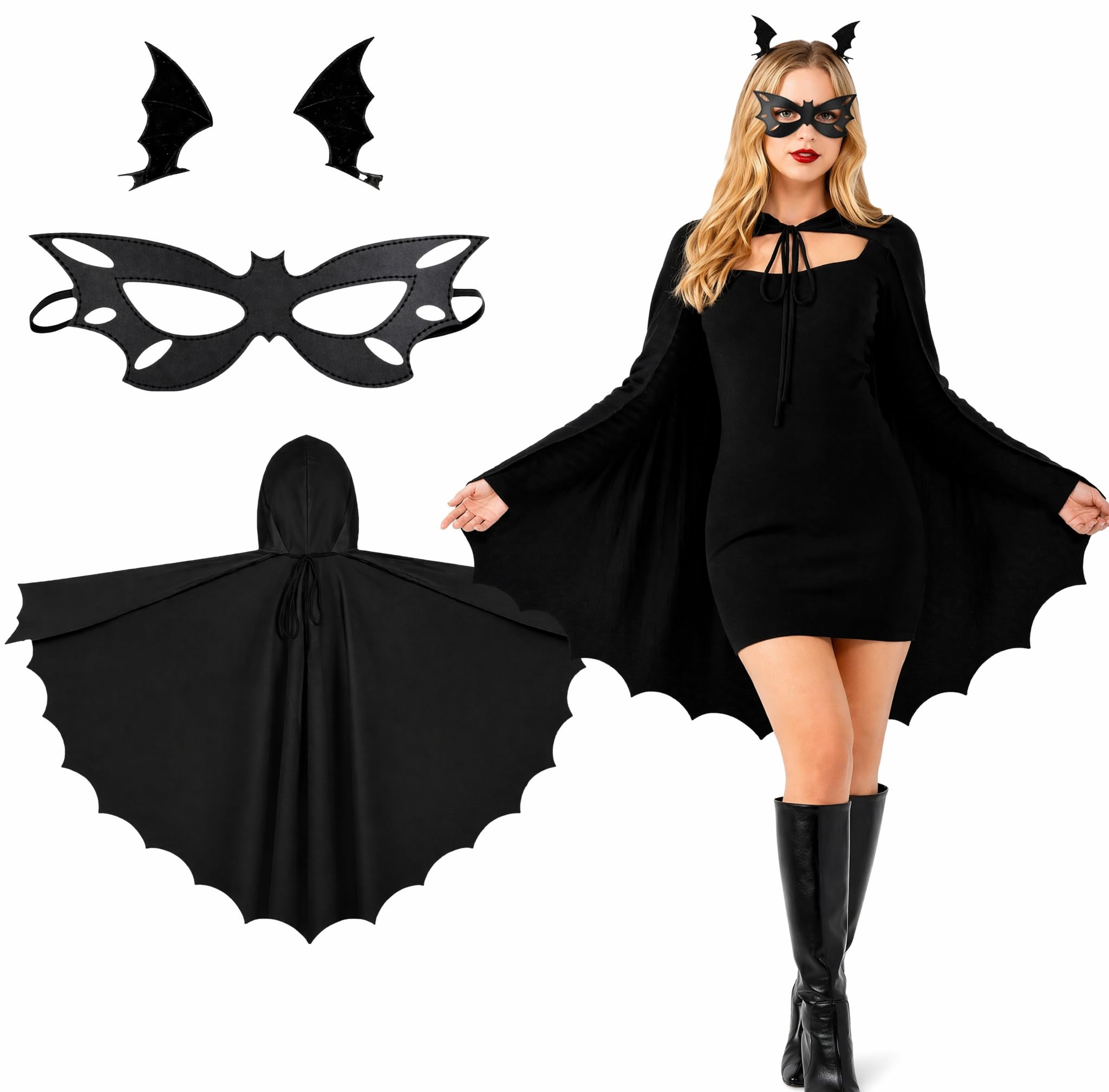 Suxyn Bat Costume Women, Halloween Bat Cape Set with Mask and Hair Clip