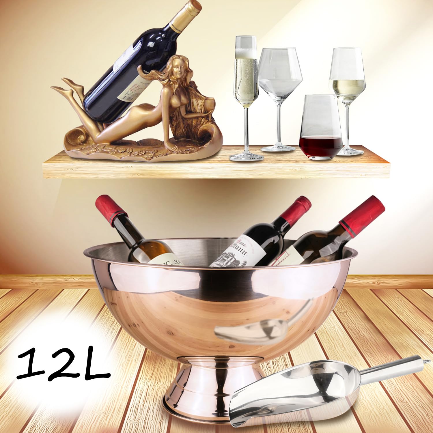 Cuenco grande para champán, 12 L, cubo de hielo con cuchara de acero inoxidable, cubo de hielo grande para fiestas, cuenco de hielo de gran tamaño para vino, cerveza, hogar, bar, celebraciones, 16