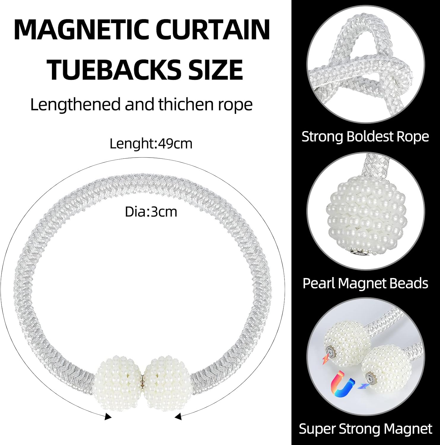 8 Pack Magnetic Curtain Tiebacks with Pearls,Modern Curtain Holdbacks Strap