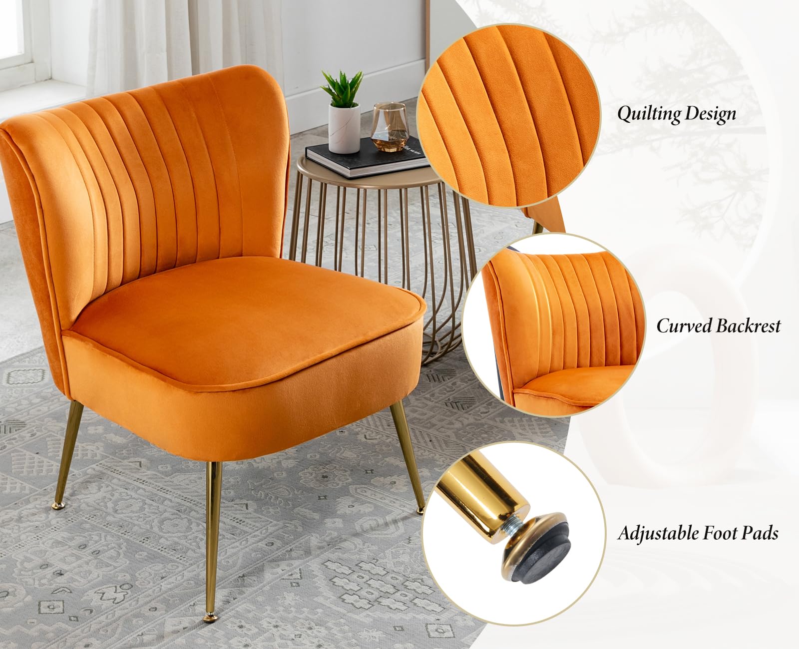 Ya-Home Poltrona Imbottita in Velluto Sedia da Salotto Poltrone Salotto con Gambe in Metallo Dorato Poltroncina Moderna per Camera da Letto/Soggiorno, Arancione